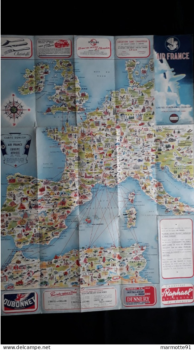 AIR FRANCE CARTE ITINERAIRES DUNLOP EUROPE AFRIQUE DU NORD N°10 1953 - Carteles