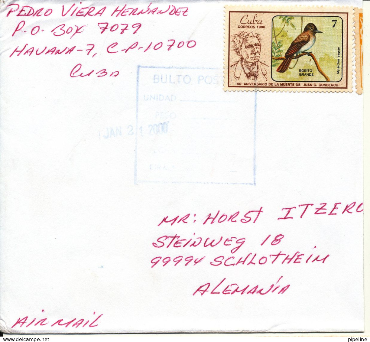 Cuba Cover Sent To Germany DDR Bird Stamp No Postmark Cover Cut In The Right Side - Lettres & Documents