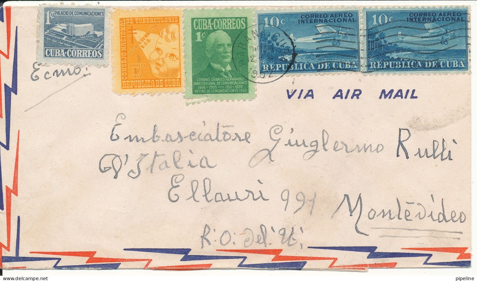 Cuba Air Mail Cover Sent To Uruguay 1952 - Poste Aérienne