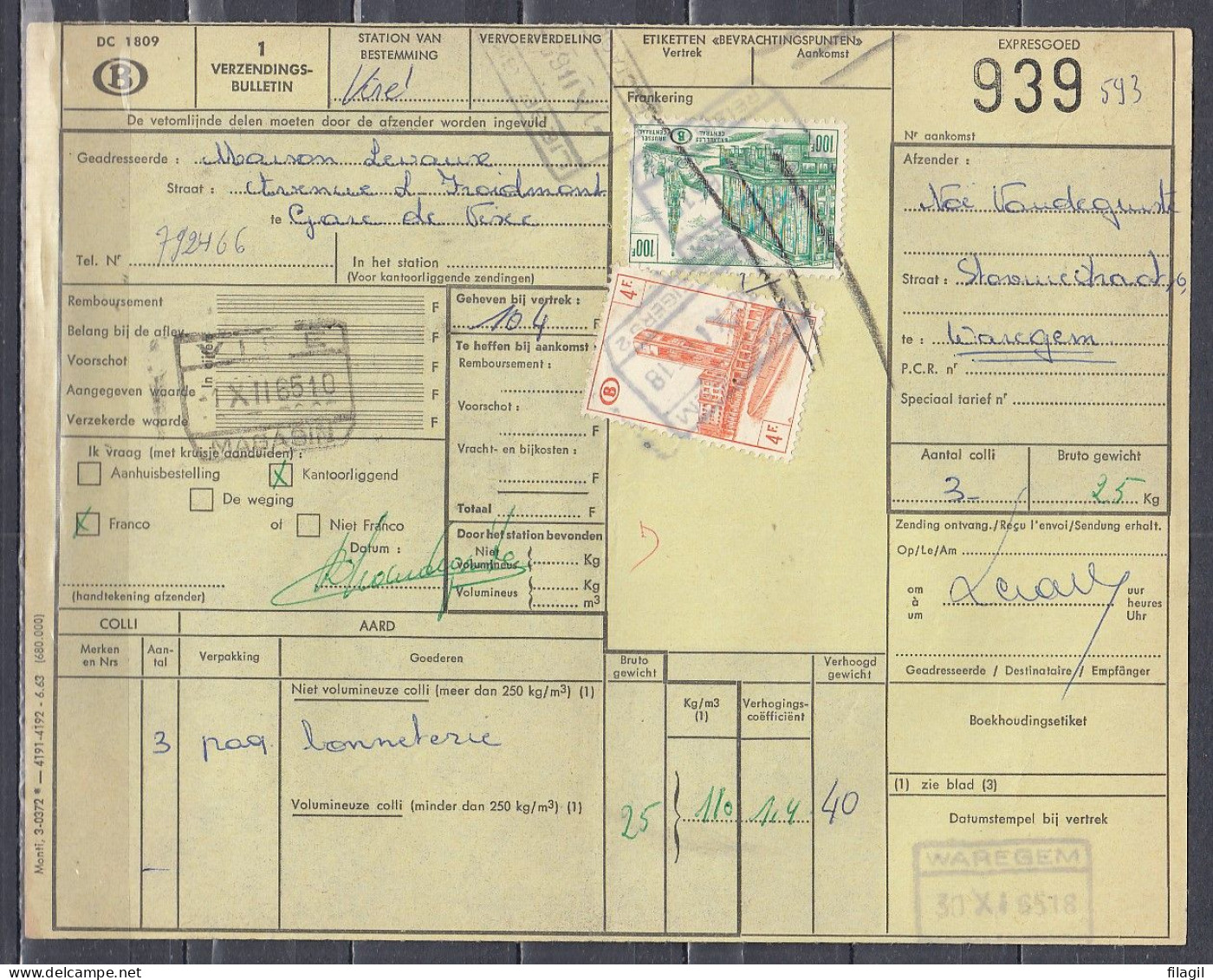 Vrachtbrief Met Stempel WAREGEM REIZIGERS 2 - Documenten & Fragmenten