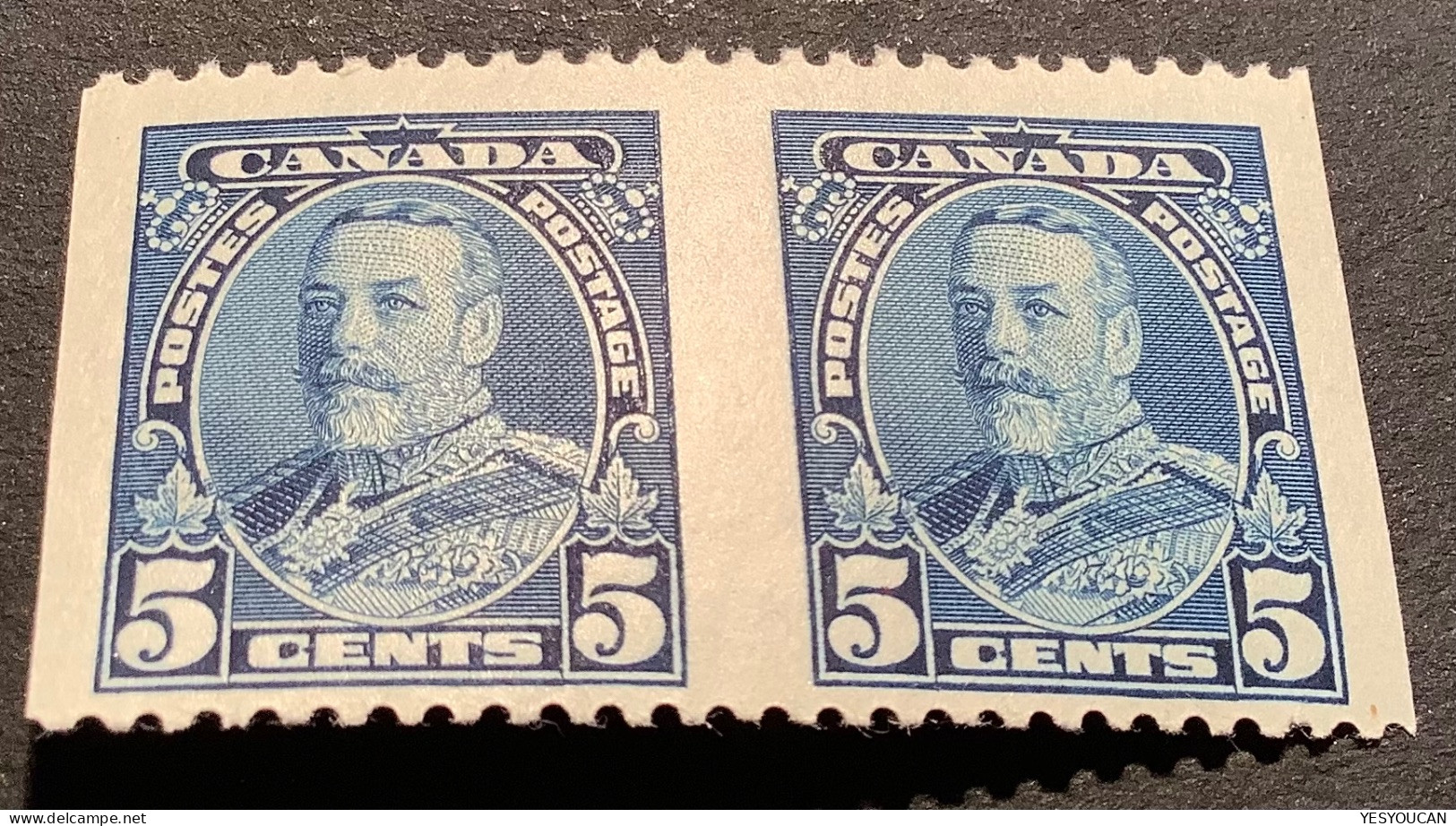 CANADA #221b 1935 5c Blue KGV XF & FRESH MLH OG* Horiz. Pair Imperf. - Neufs