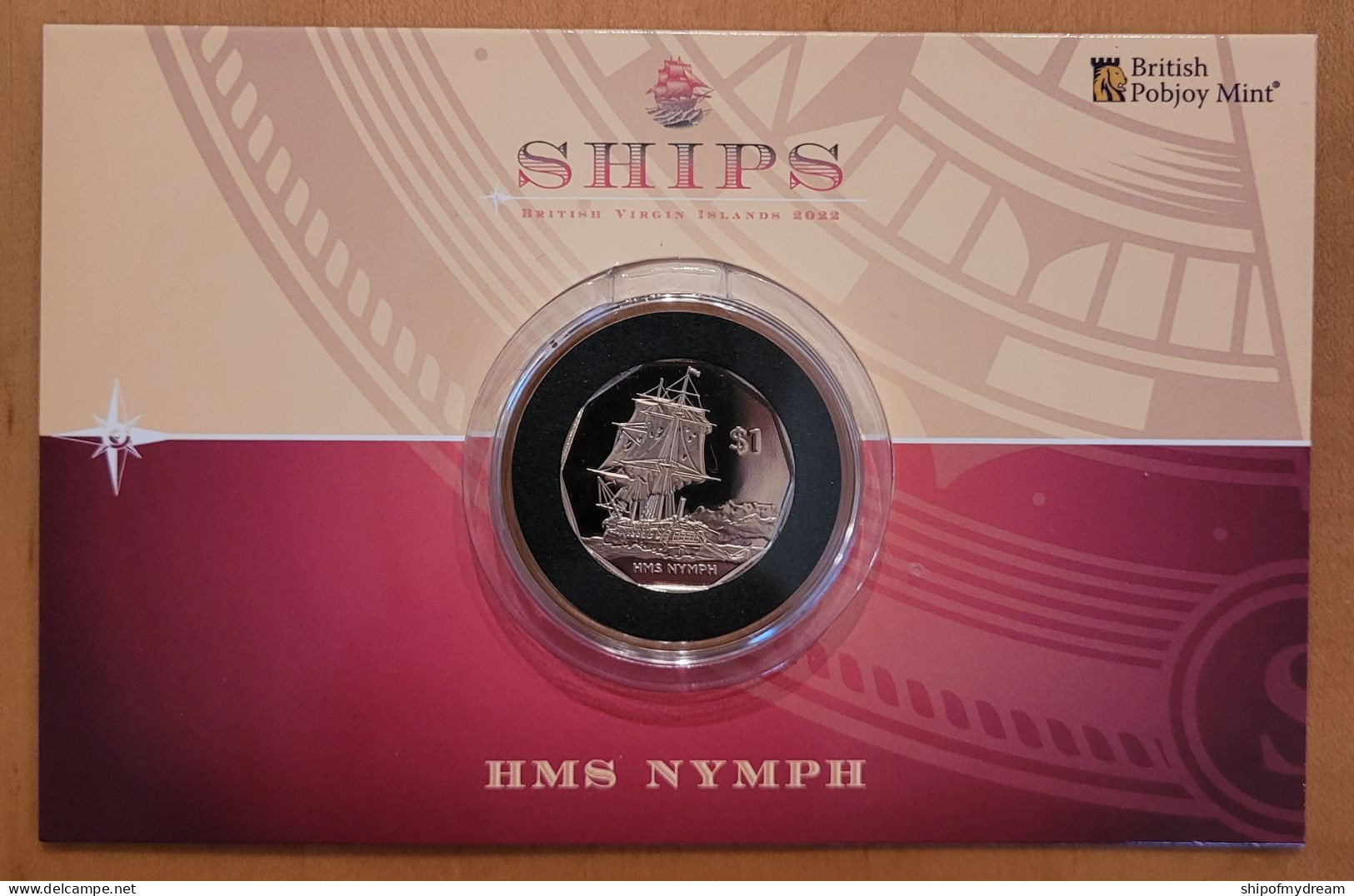 British Virgin 1$ 2022. Ships - HMS Nymph. Coincard. Virenium. Mint=1950! - Britse Maagdeneilanden