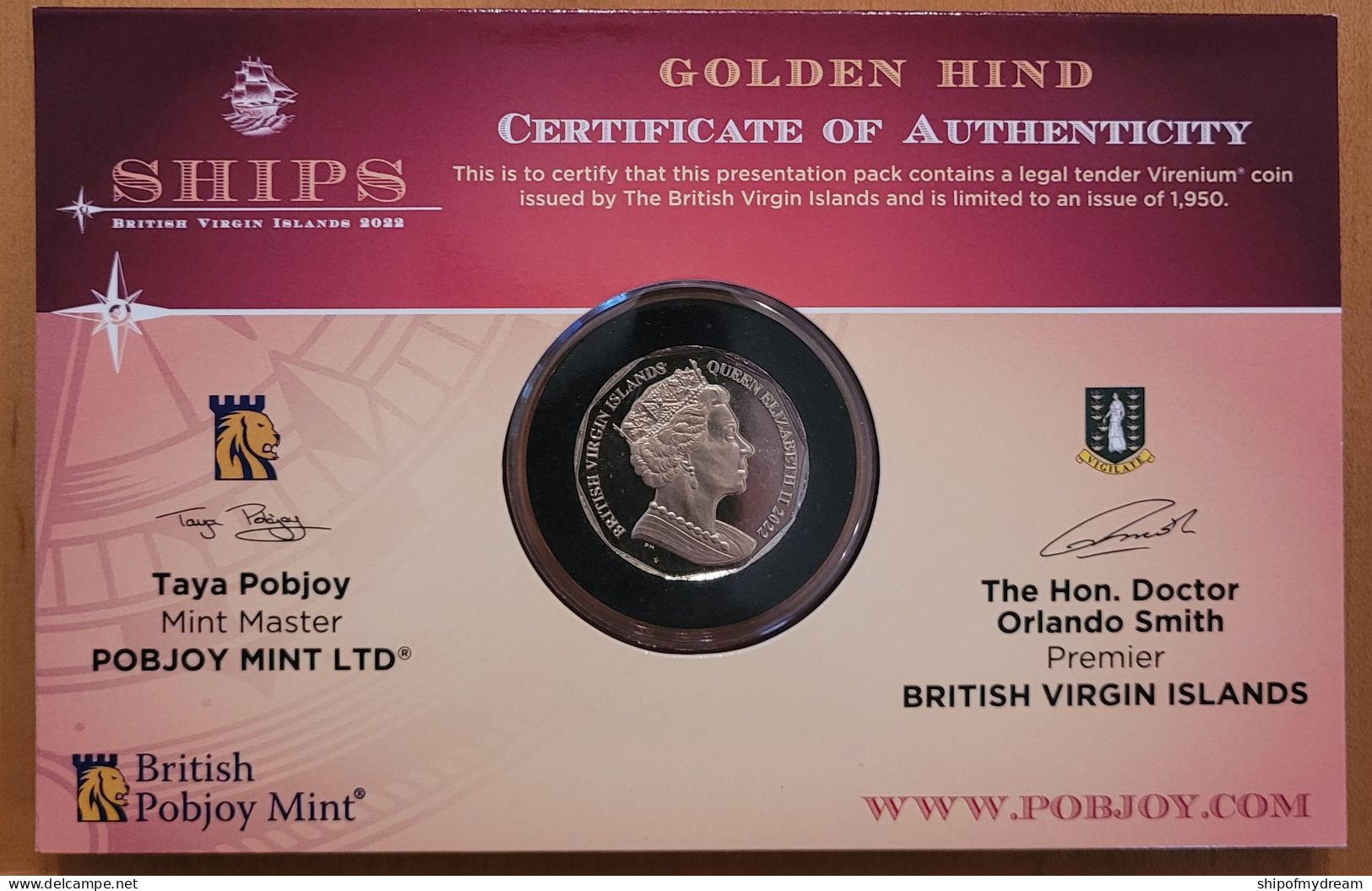 British Virgin 1$ 2022. Ships - HMS Nymph. Coincard. Virenium. Mint=1950! - British Virgin Islands