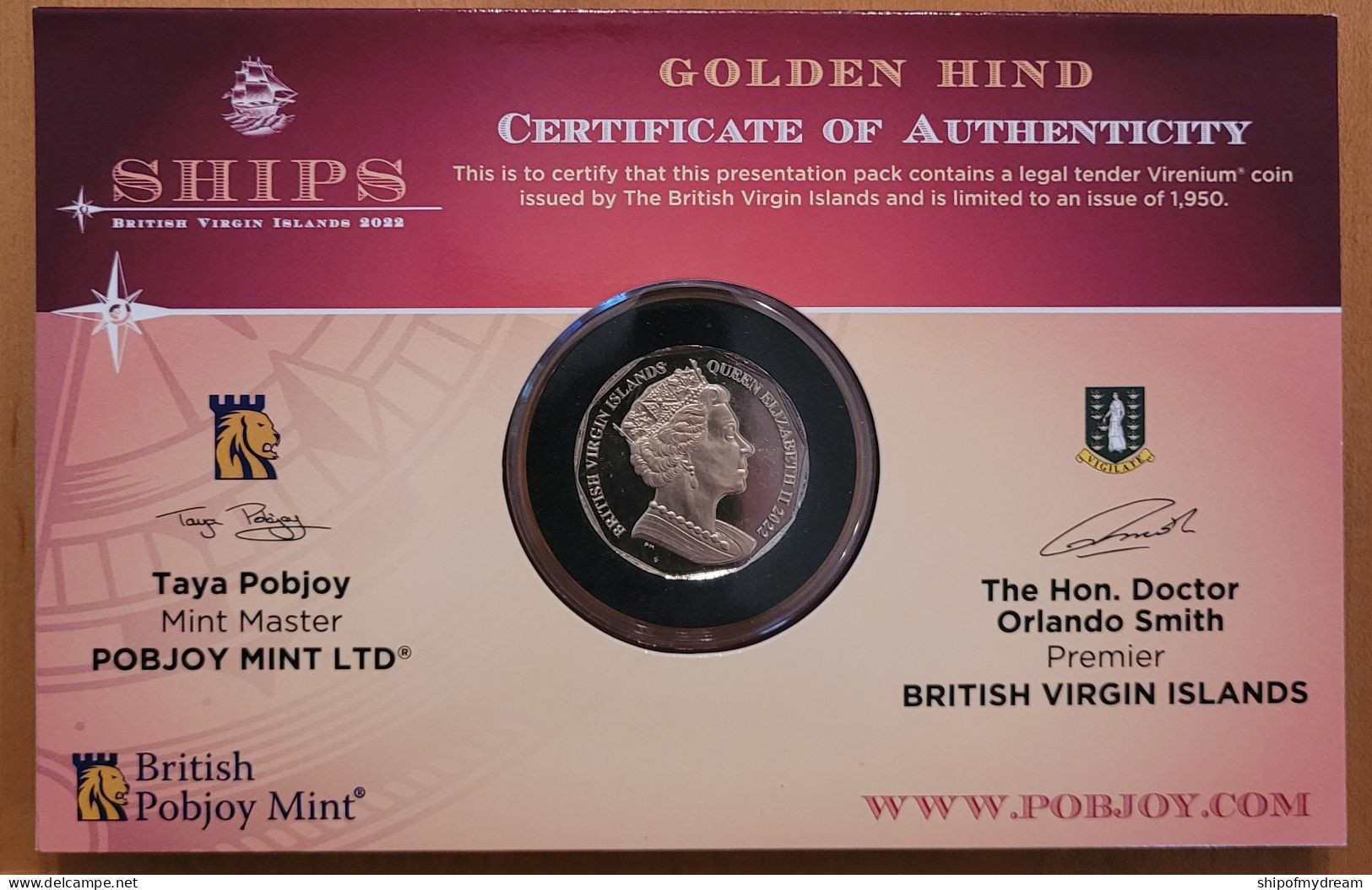 British Virgin 1$ 2022. Ships - Golden Hind. Coincard. Virenium. Mint=1950! - Iles Vièrges Britanniques