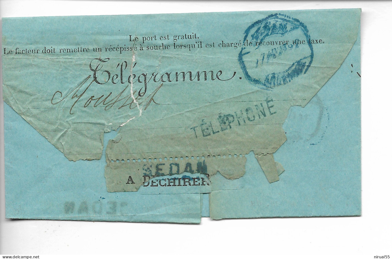 SEDAN Ardennes Cachet Bleu TELEGRAMME + Griffe Téléphoné 8/1892 Déchirures   ...     G - Telegrafi E Telefoni