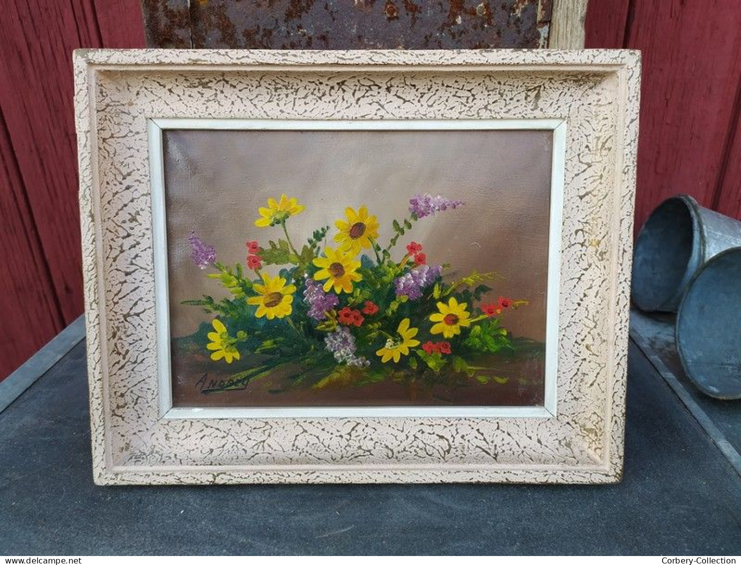 Ancien Tableau Nature Morte Bouquet De Fleurs Signé Andrey - Oleo