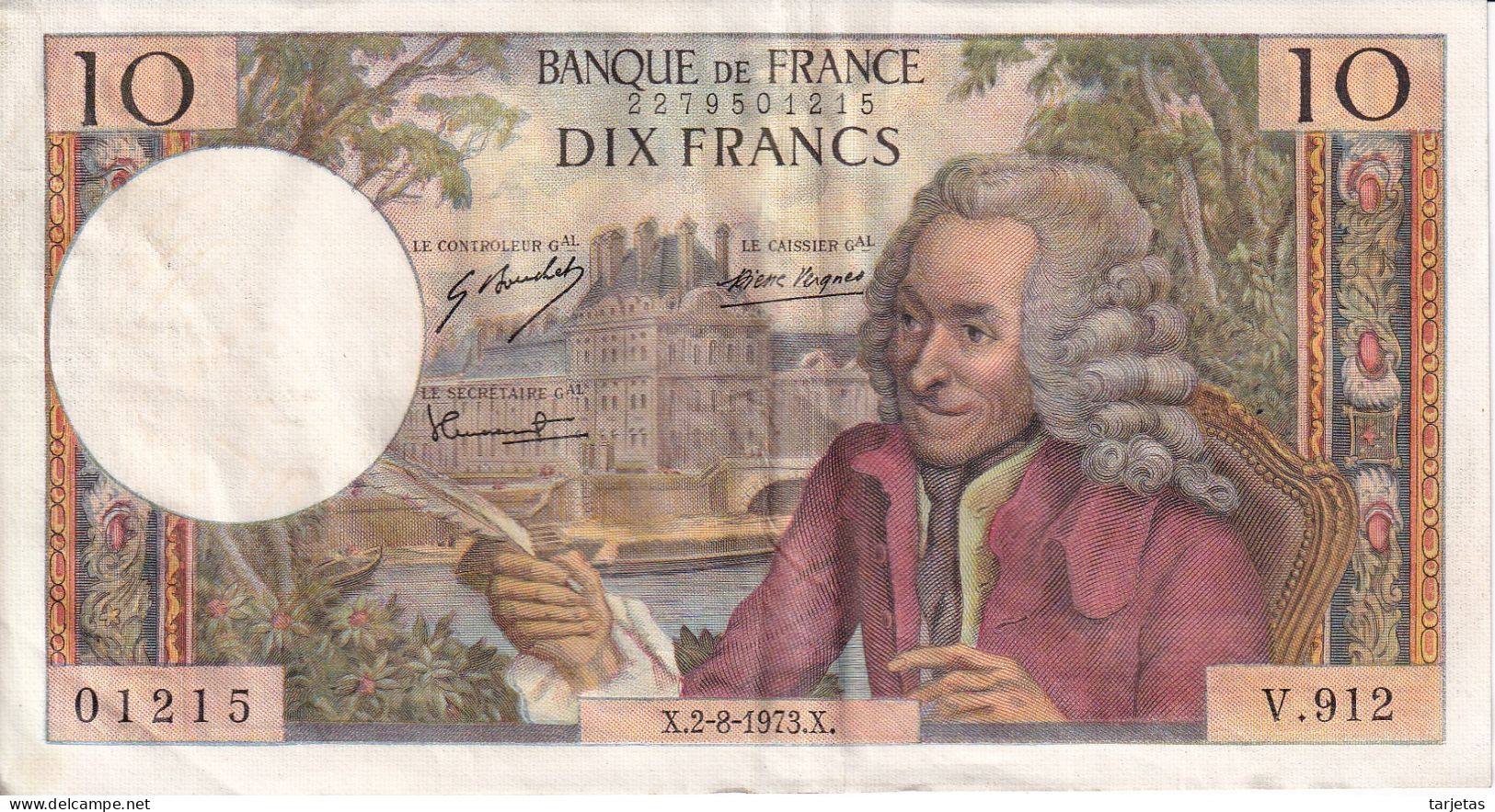 BILLETE DE FRANCIA DE 10 FRANCS DEL 2-8-1973 DE VOLTAIRE  (BANKNOTE) - 10 F 1963-1973 ''Voltaire''