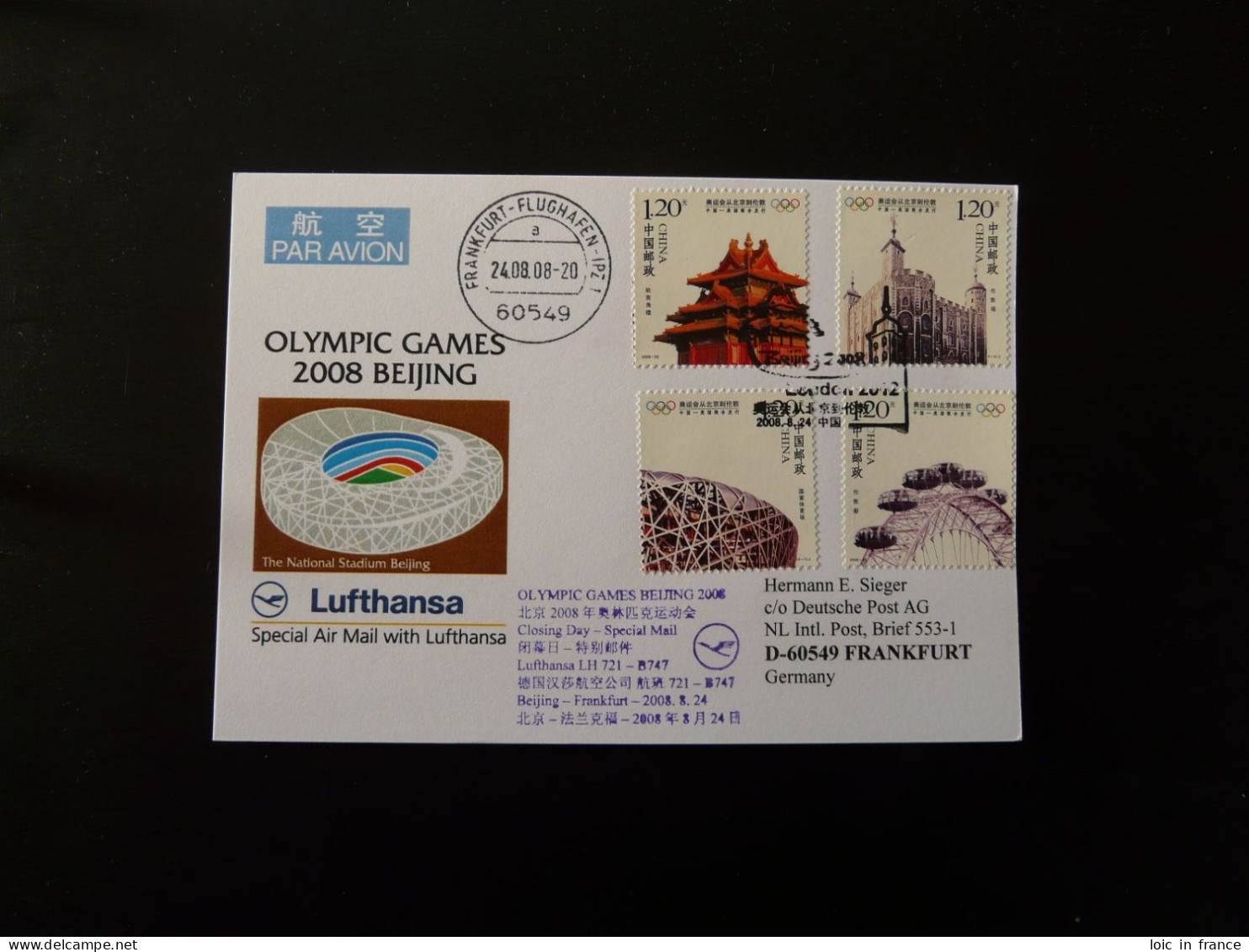 Vol Special Flight Beijing Olympic Games To Frankfurt Lufthansa 2008 - Lettres & Documents