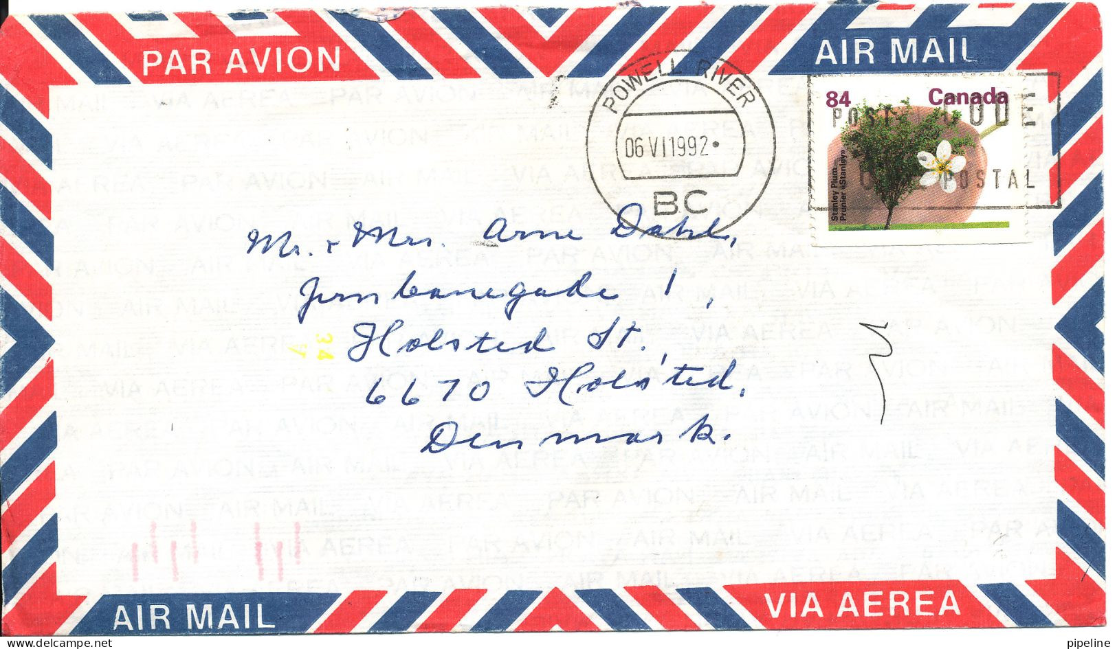 Canada Air Mail Cover Sent To Denmark 6-6-1992 Single Franked - Luchtpost