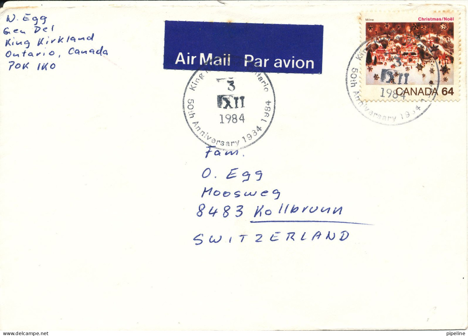 Canada Cover Sent To Switzerland 3-12-1984 Single Franked - Lettres & Documents