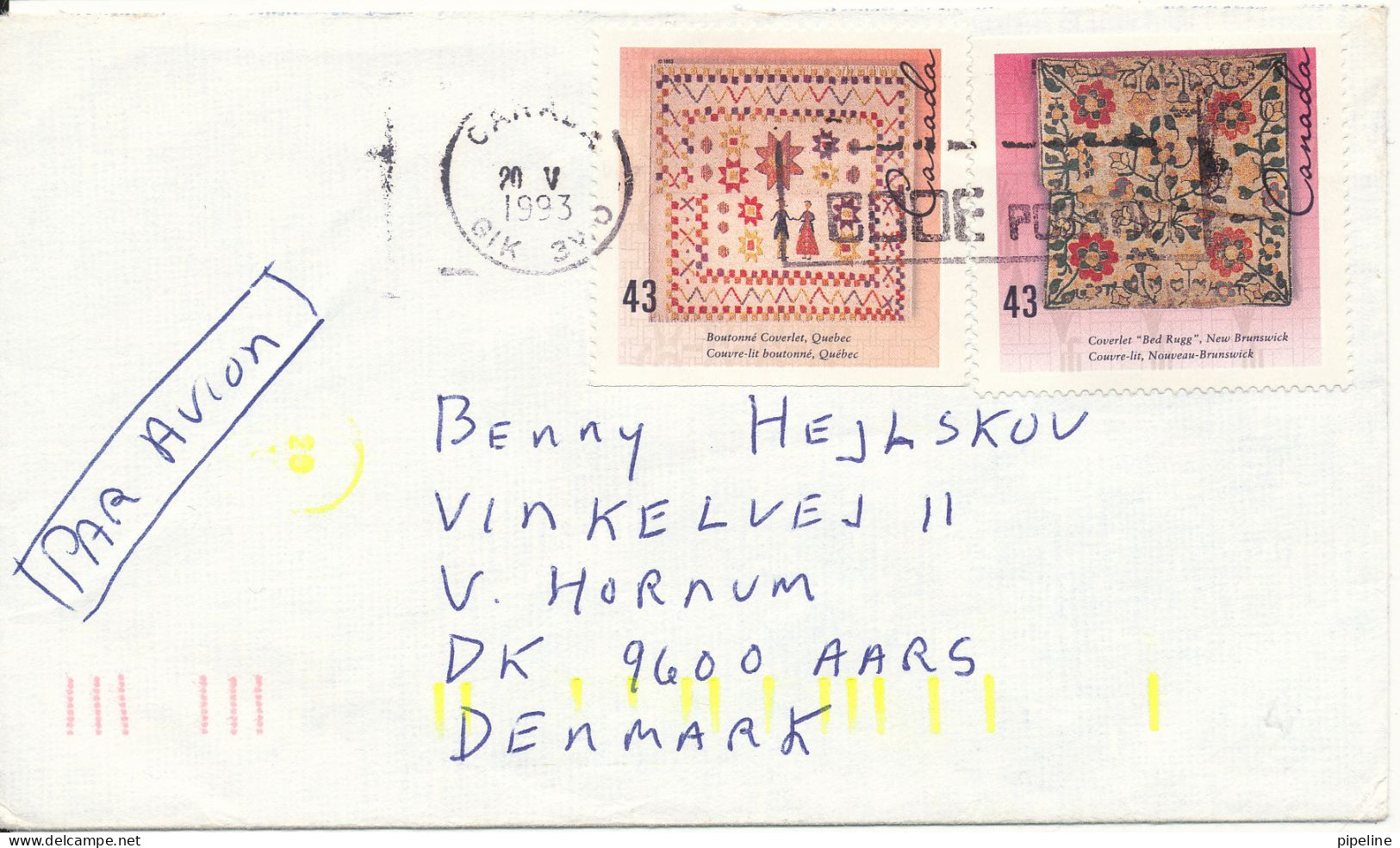 Canada Cover Sent To Denmark 20-5-1993 - Brieven En Documenten