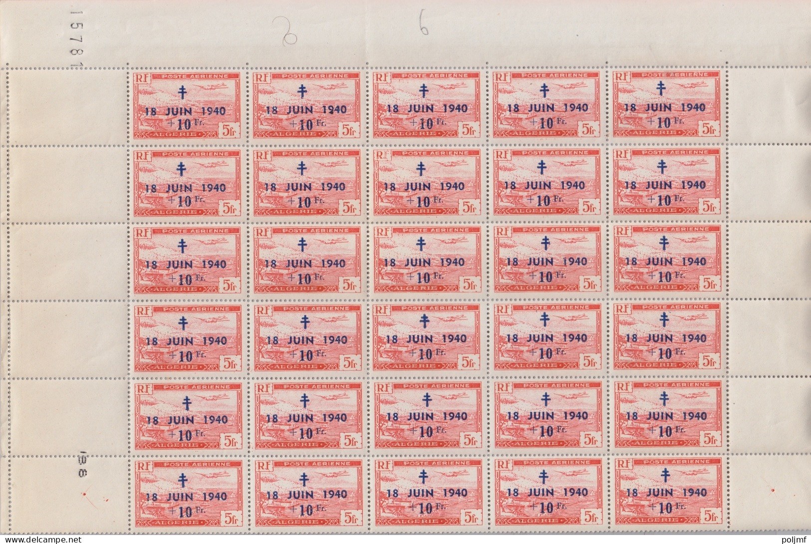 Algérie Bloc De 60 TP PA 8 5 Fr Rouge (PA N° 1 Surchargé 18 Juin 1940 +10Fr), ** - Airmail