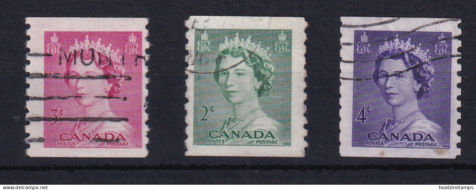Canada: 1953   QE II - Coil Stamps Set   SG455-457  [Imperf X 9½]   Used - Oblitérés