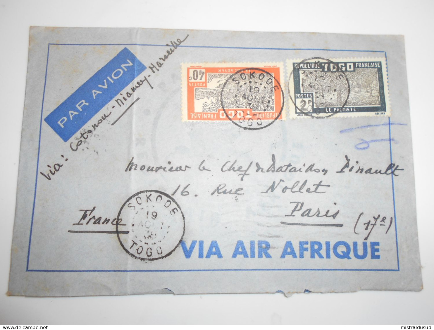 France Ex Colonies Togo , Lettre De Sokode 1938 Pour Paris - Brieven En Documenten