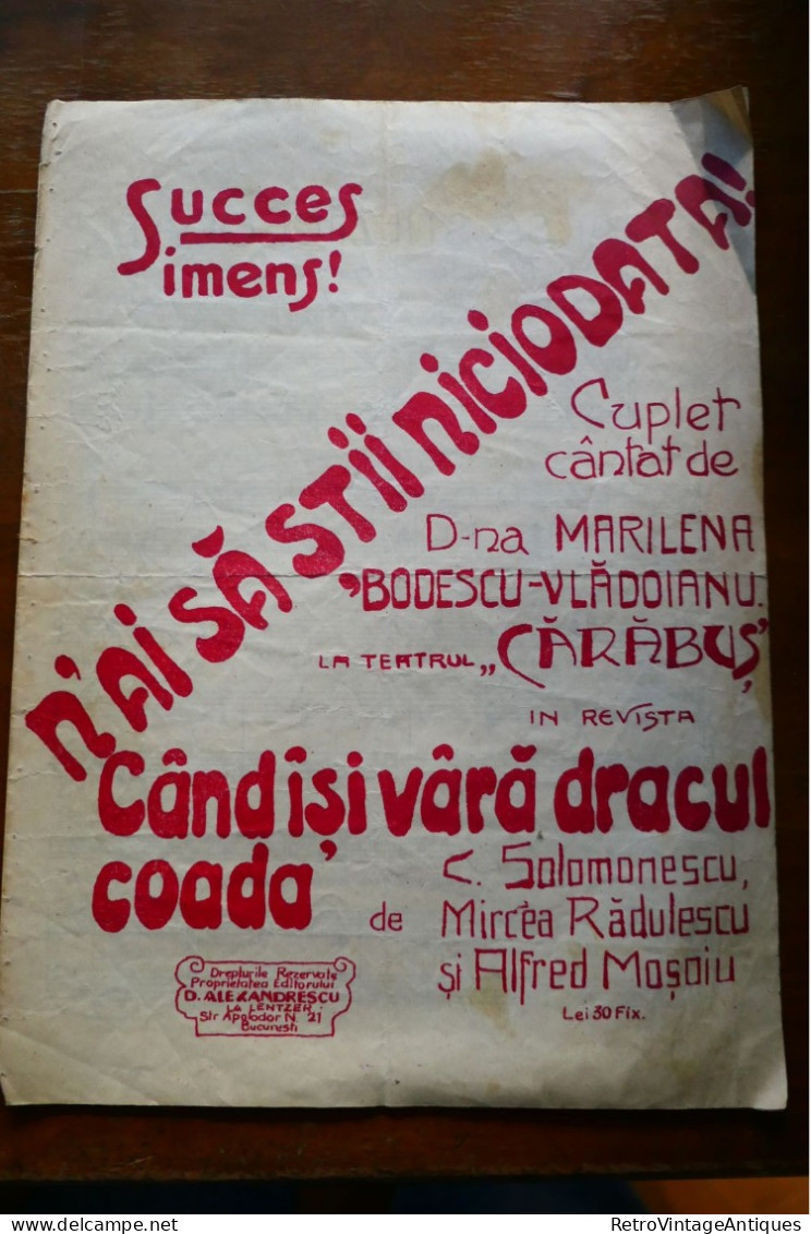 N'AI SA STII NICIODATA CAND ISI VARA DRACUL COADA' MARILENA BODESCU-VLADOIANU CARABUS  Partitura Muzicala Veche Romania - Zang (solo)