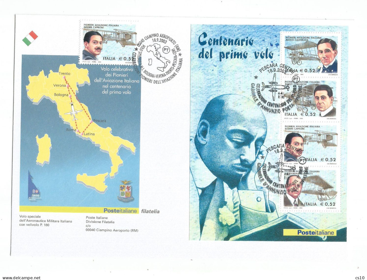 2003 Centenario 1° Volo Pionieri Italiani 2x FDC BF Pescara + Dispaccio Speciale Ciampino Aeroporto - Other (Air)