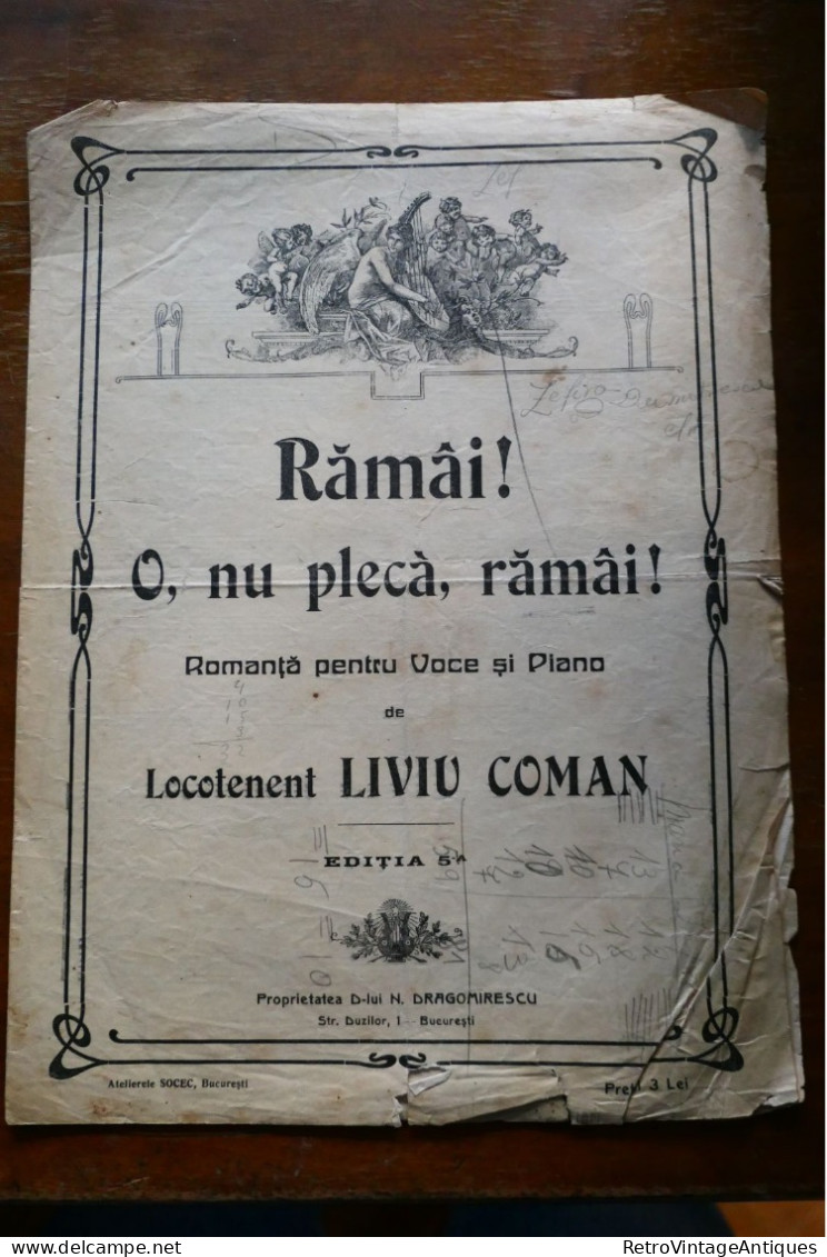 RAMAI! O, NU PLECA, RAMAI! ROMANTA PENTRU VOCE SI PIANO LOCOTENENT LIVIU COMAN Partitura Muzicala Veche Romania - Zang (solo)