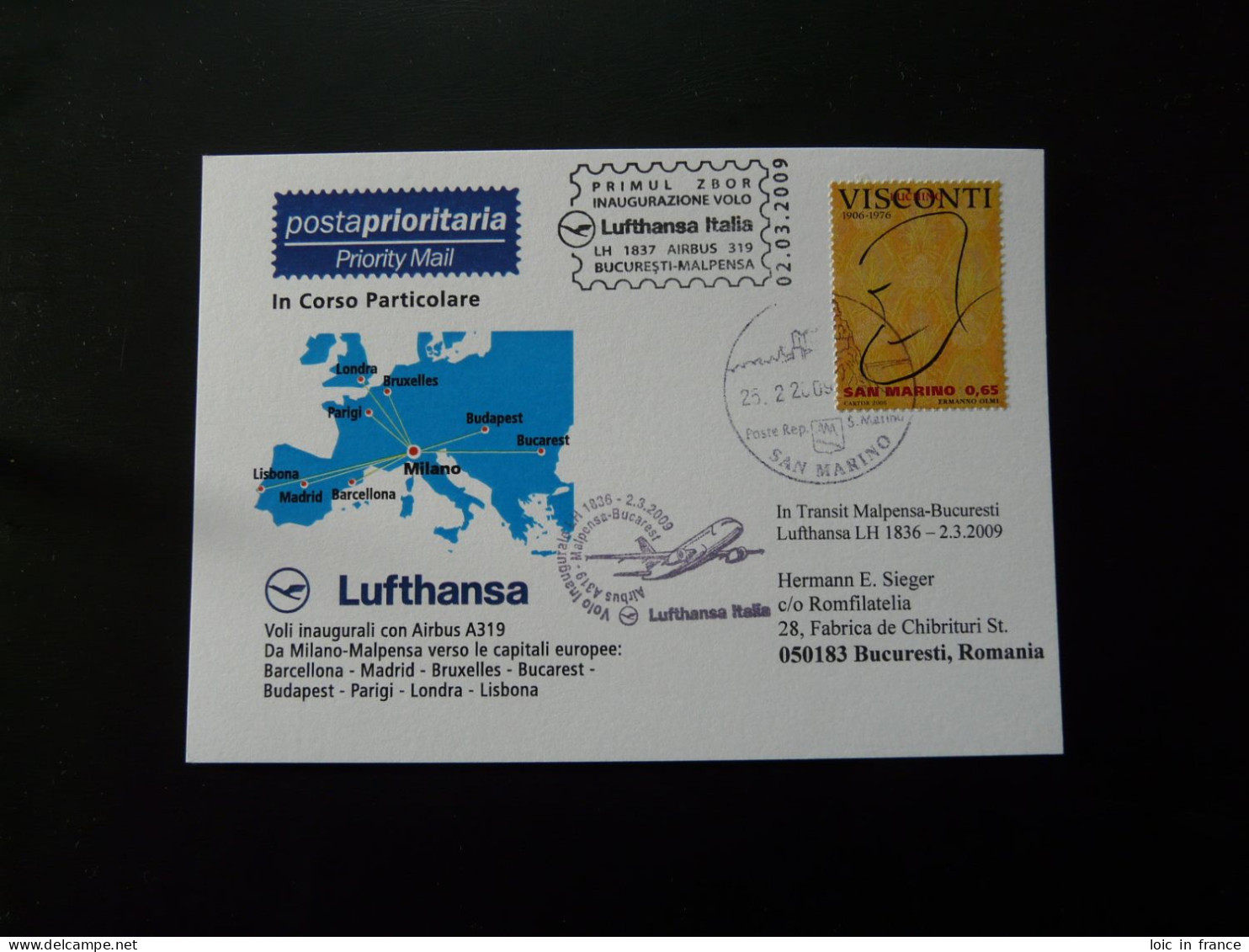 Premier Vol First Flight San Marino Bucharest Via Malpensa Airbus A319 Lufthansa 2009 - Briefe U. Dokumente