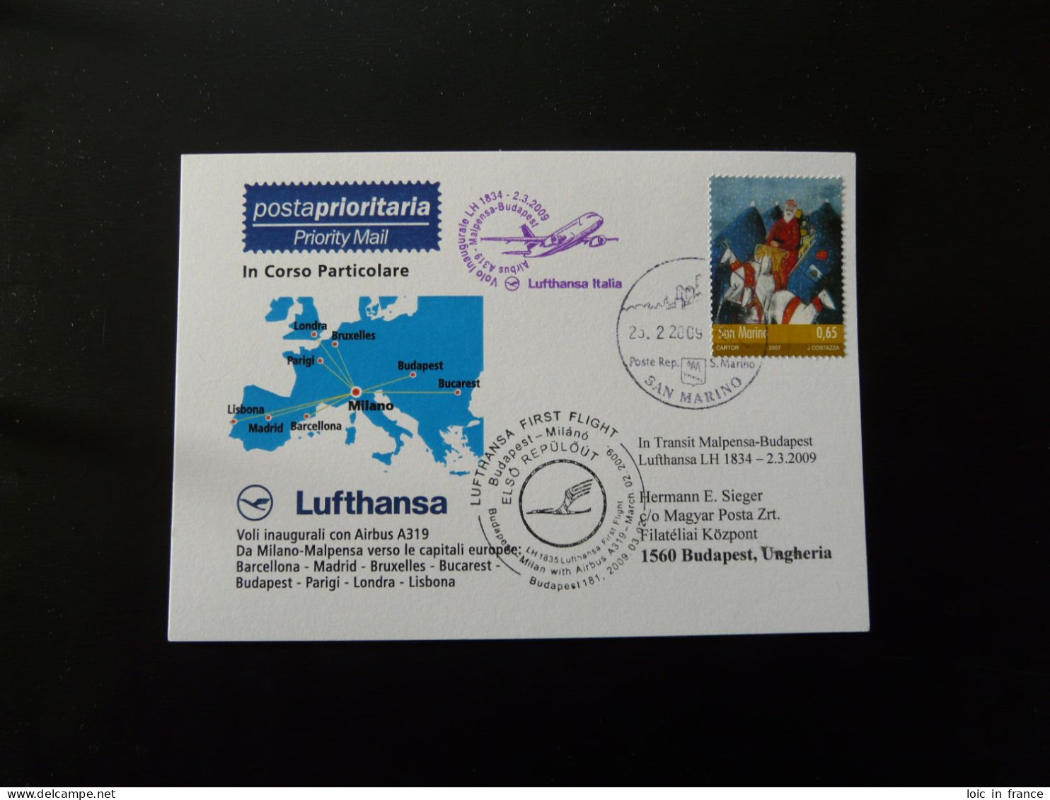 Premier Vol First Flight San Marino Budapest Via Milano Airbus A319 Lufthansa 2009 - Lettres & Documents