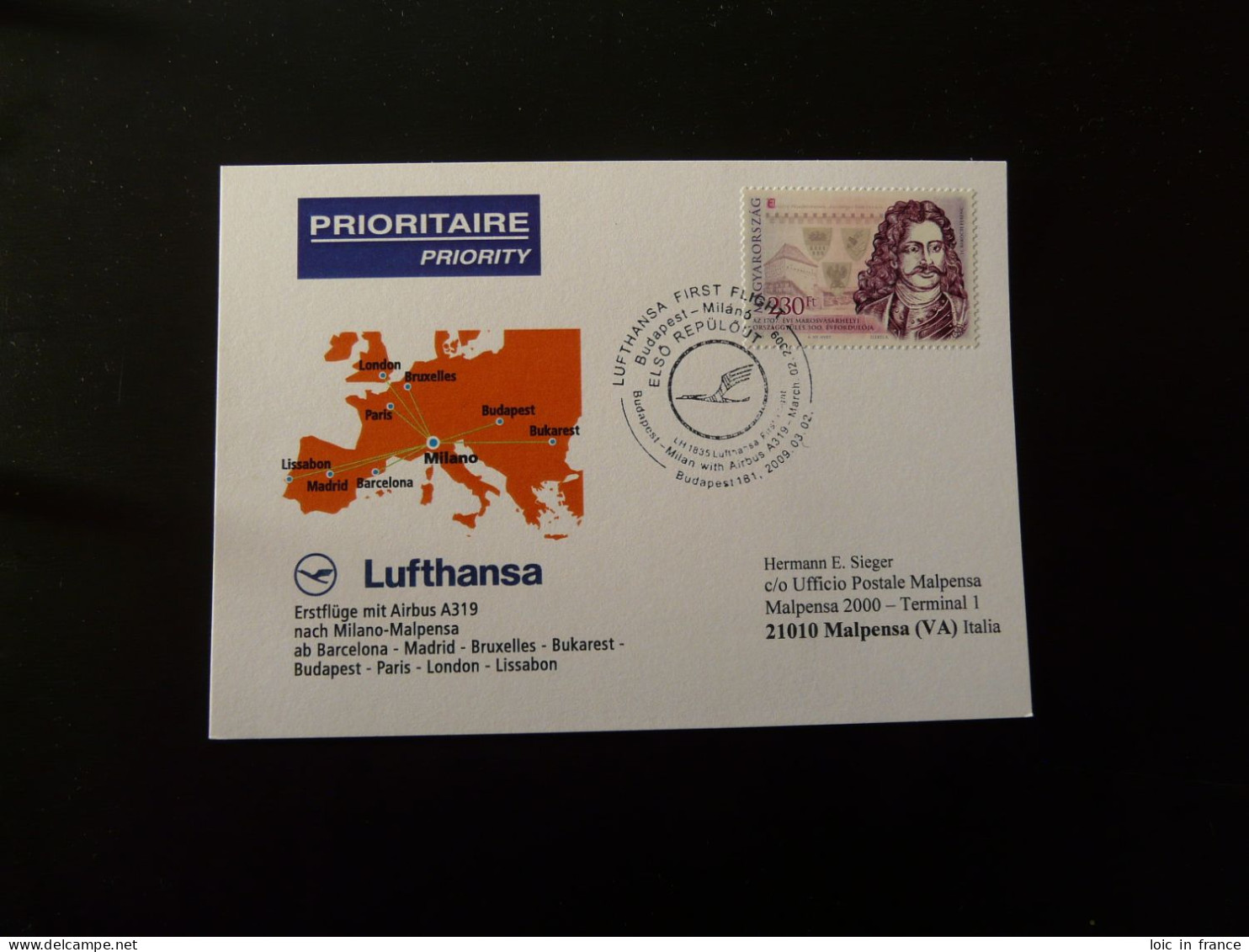 Premier Vol First Flight Budapest To Milano Malpensa Airbus A319 Lufthansa 2009 - Lettres & Documents