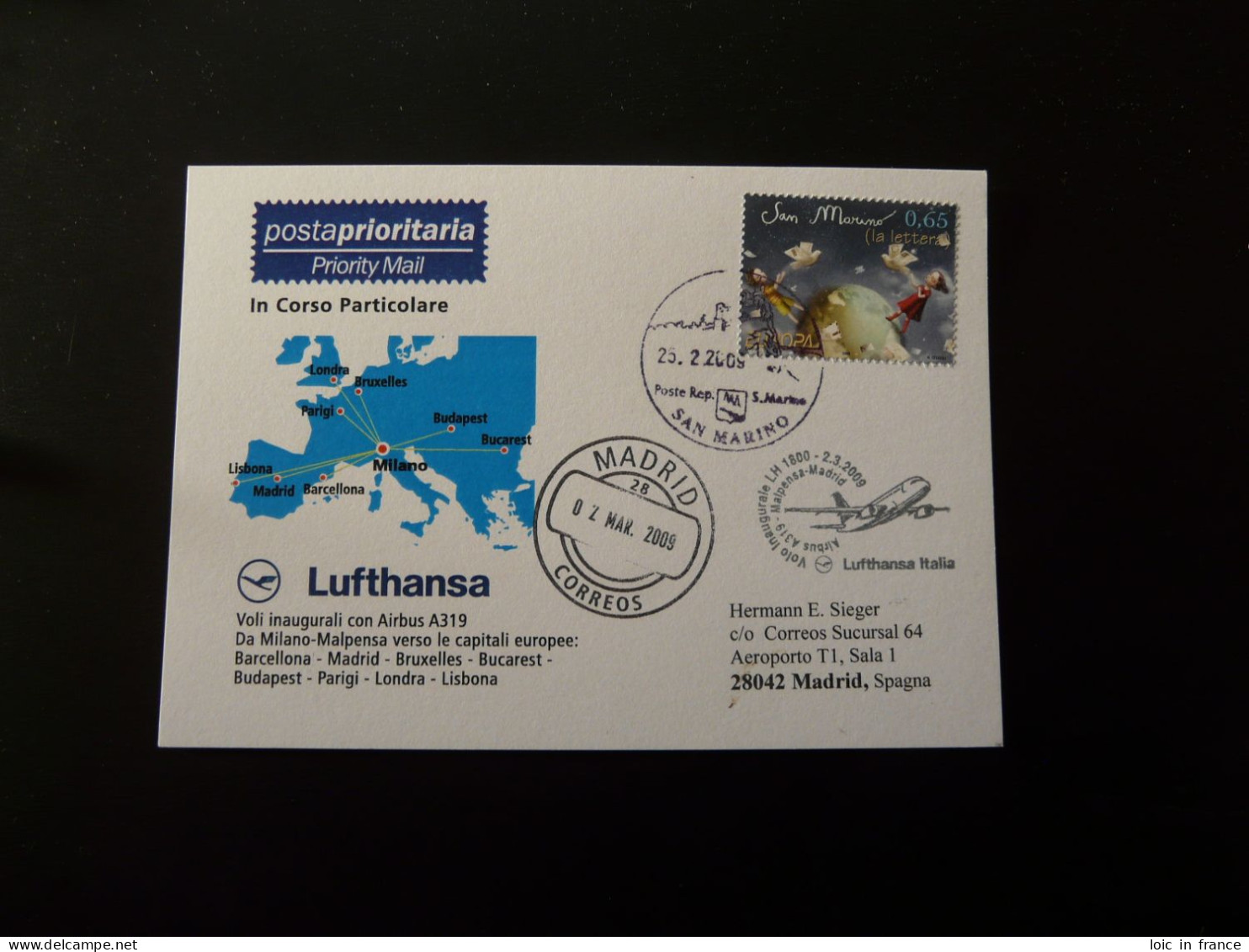 Premier Vol First Flight San Marino To Madrid Via Milano Airbus A319 Lufthansa 2009 - Briefe U. Dokumente