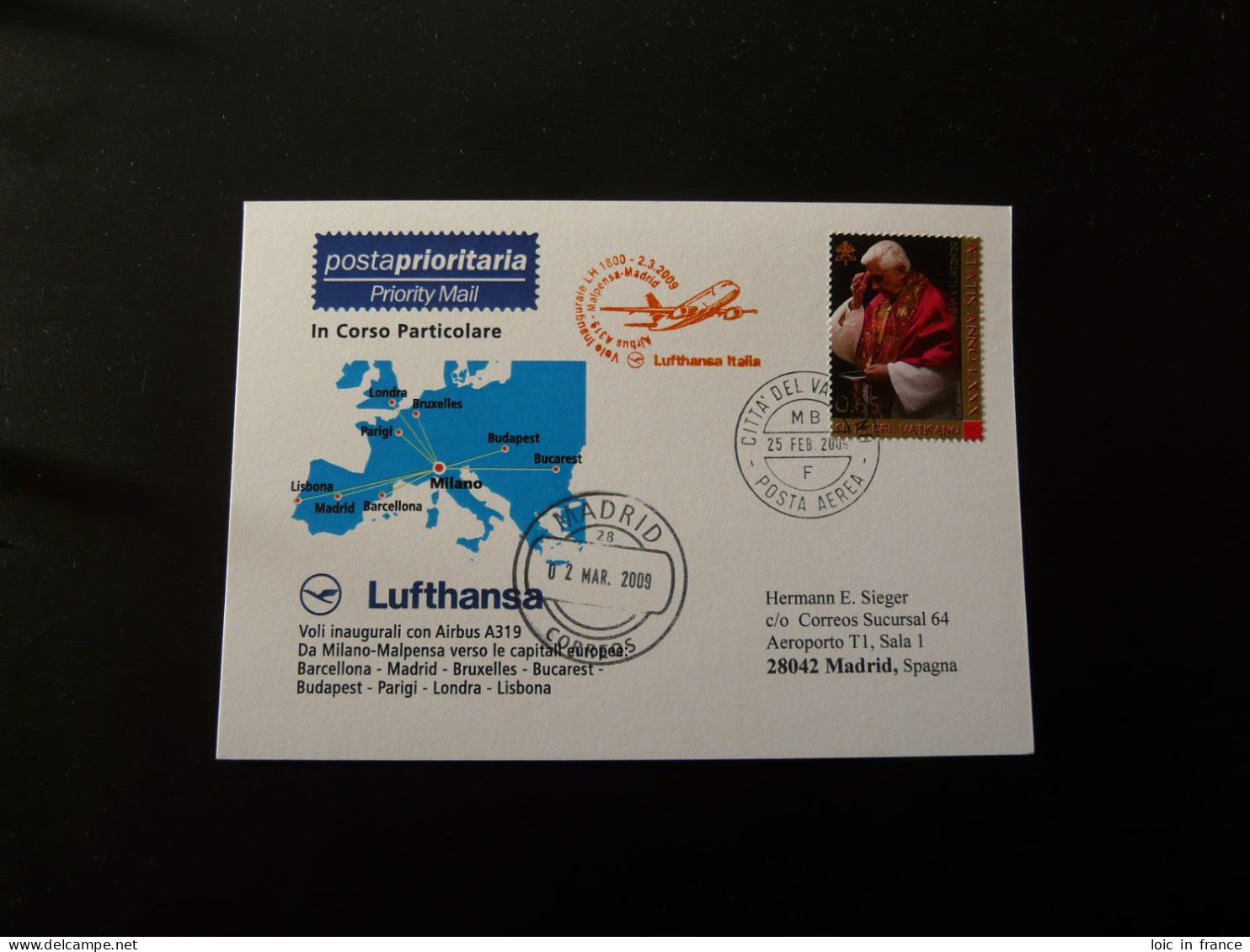 Premier Vol First Flight Vatican To Madrid Via Milano Airbus A319 Lufthansa 2009 - Covers & Documents