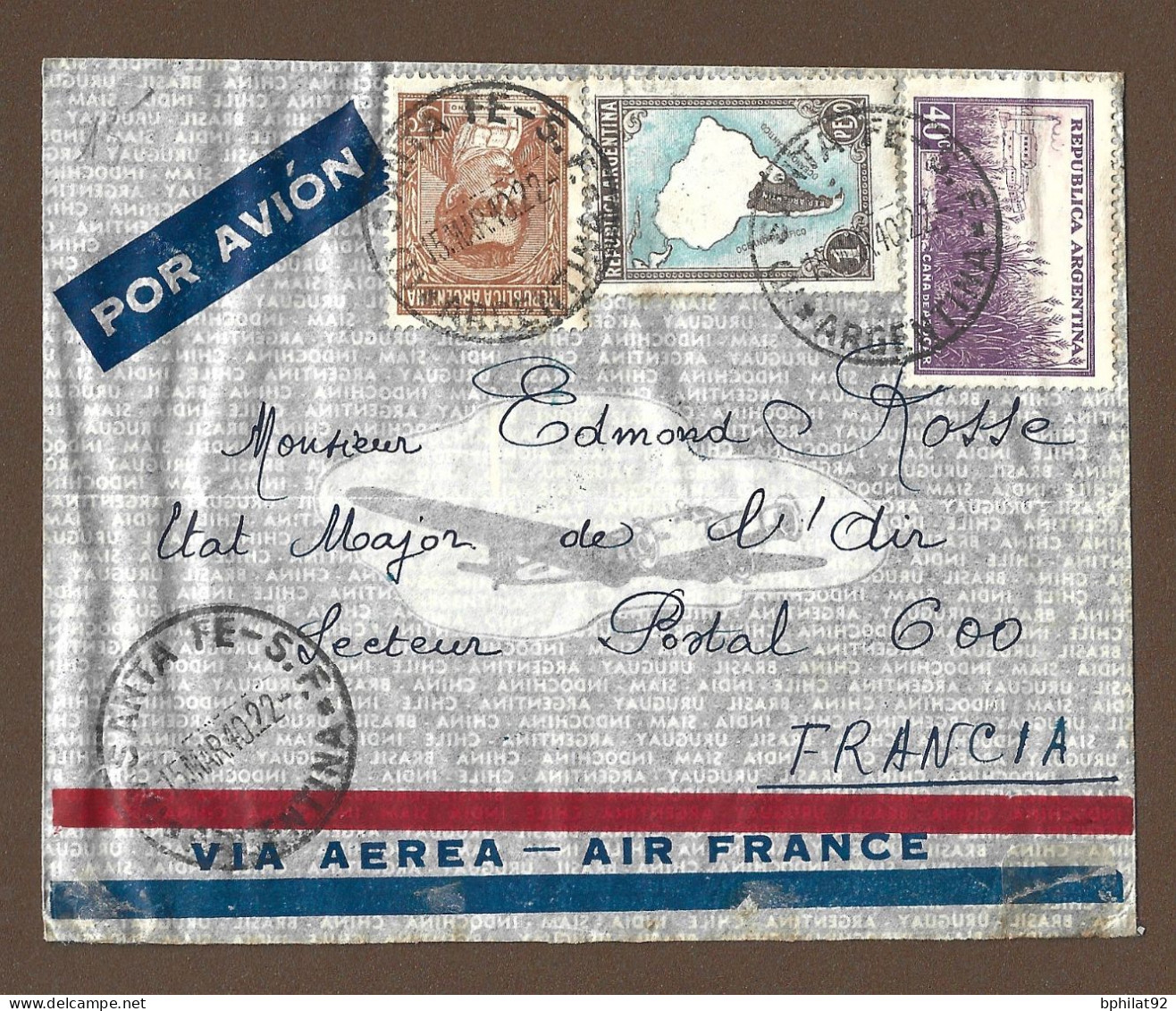 !!! LETTRE PAR AVION POUR LA FRANCE, CACHET DE SANTA FE-S.F, ARGENTINE, DU 15 MARS 1940 - Airmail
