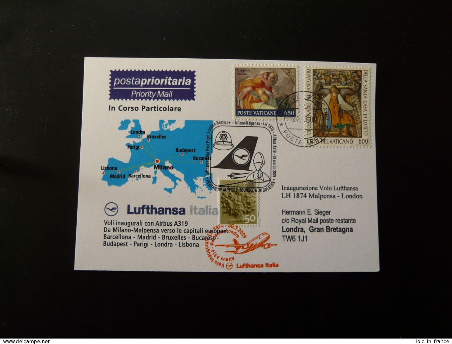 Premier Vol First Flight Vatican London Via Milano Airbus A319 Lufthansa 2009 - Storia Postale