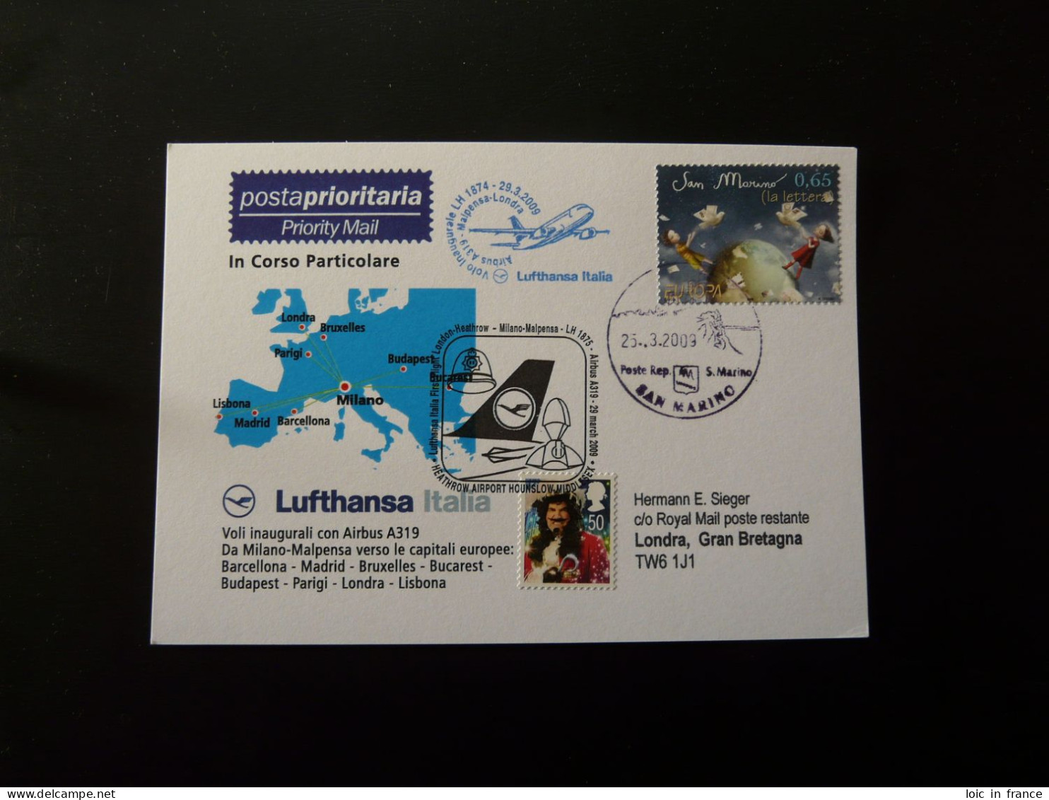 Premier Vol First Flight San Marino London Via Milano Airbus A319 Lufthansa 2009 - Briefe U. Dokumente