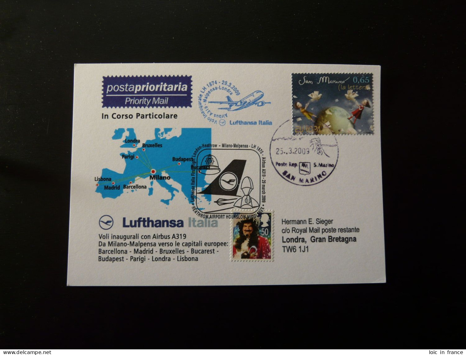 Premier Vol First Flight San Marino London Via Milano Airbus A319 Lufthansa 2009 - Lettres & Documents