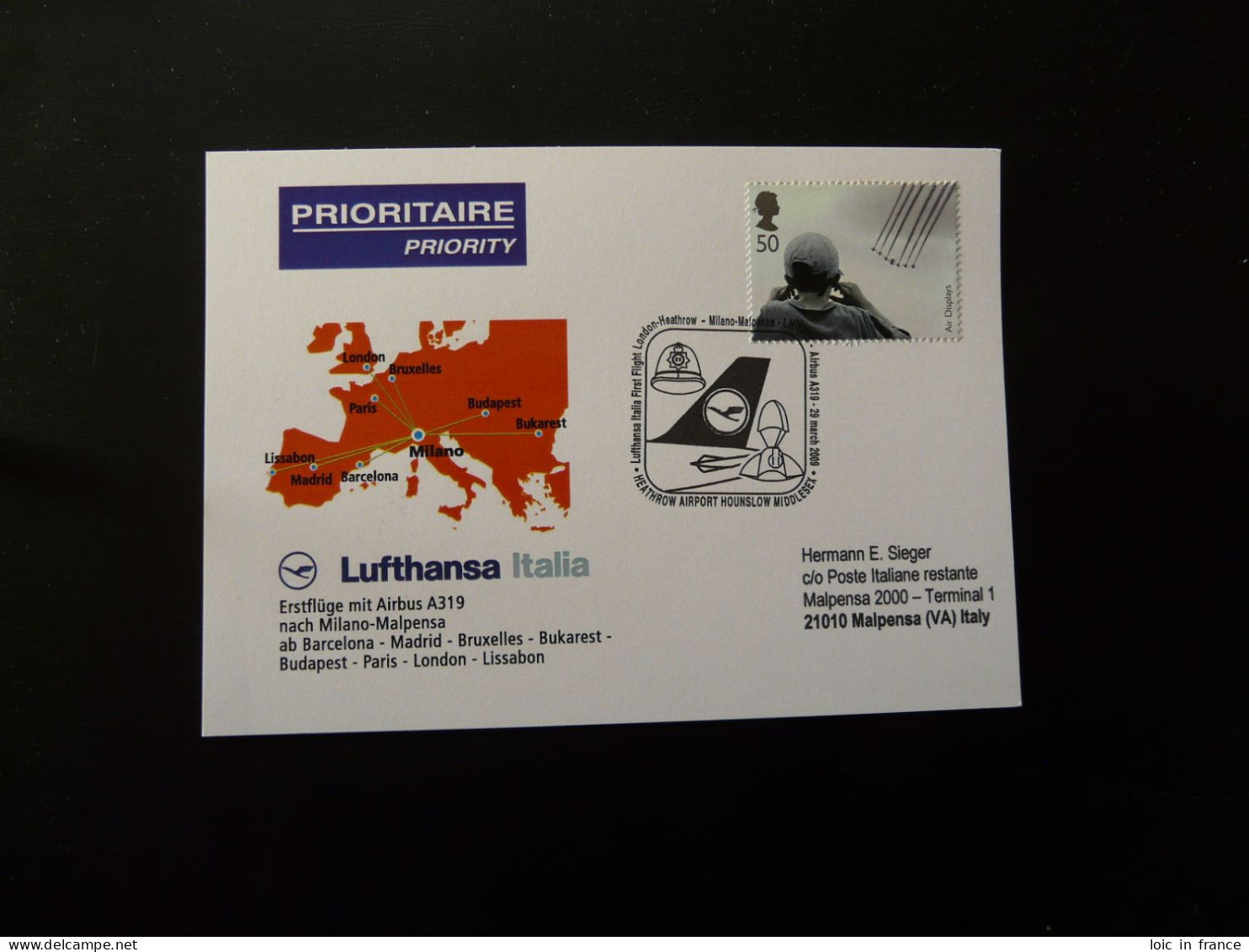 Premier Vol First Flight London To Milano Malpensa Airbus A319 Lufthansa 2009 - Cartas & Documentos