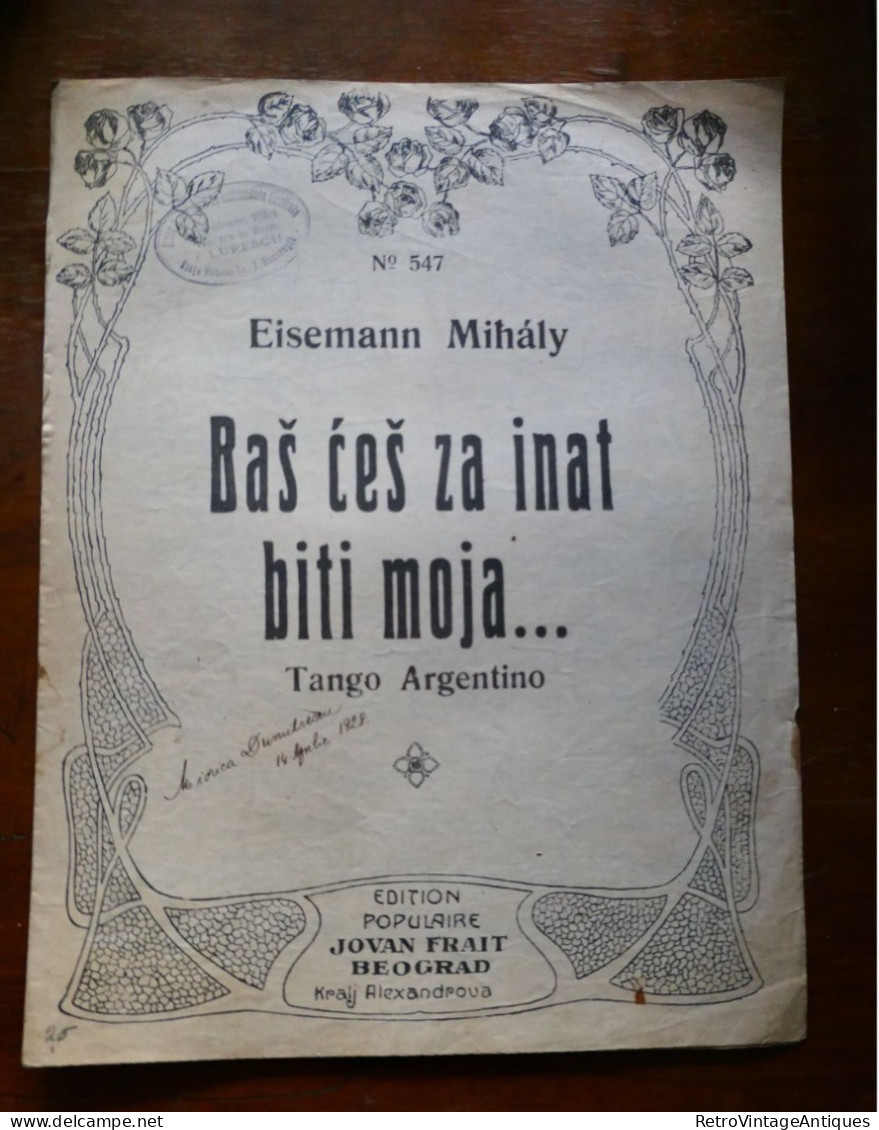 EISEMANN MIHALY BAS CES ZA INAT BITI MOJA... TANGO ARGENTINO JOVAN FRAIT BEOGRAD  Partitura Muzicala Veche Romania - Vocals