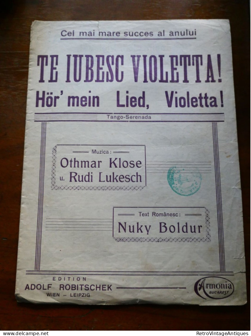 TE IUBESC VIOLETTA! HOR'MEIN LIED, VIOLETTA! NUKY BOLDUR Partitura Muzicala Veche Romania - Zang (solo)