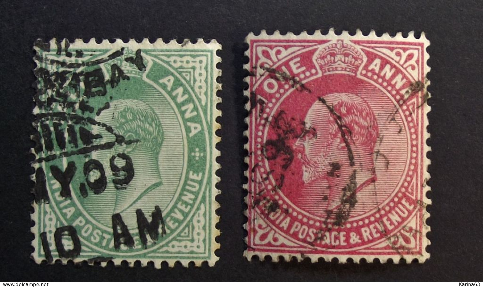 India - East India  -  King Edward VII  One Anna - Half Anna - Watermark Star  - Cancelled - 1902-11  Edward VII