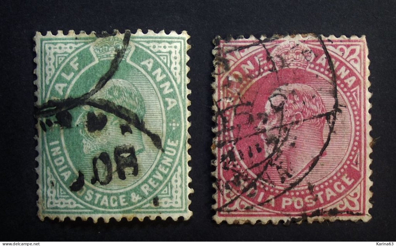 India - East India  -  King George V  One Anna - Half Anna - Watermark Star  - Cancelled - 1902-11 Roi Edouard VII