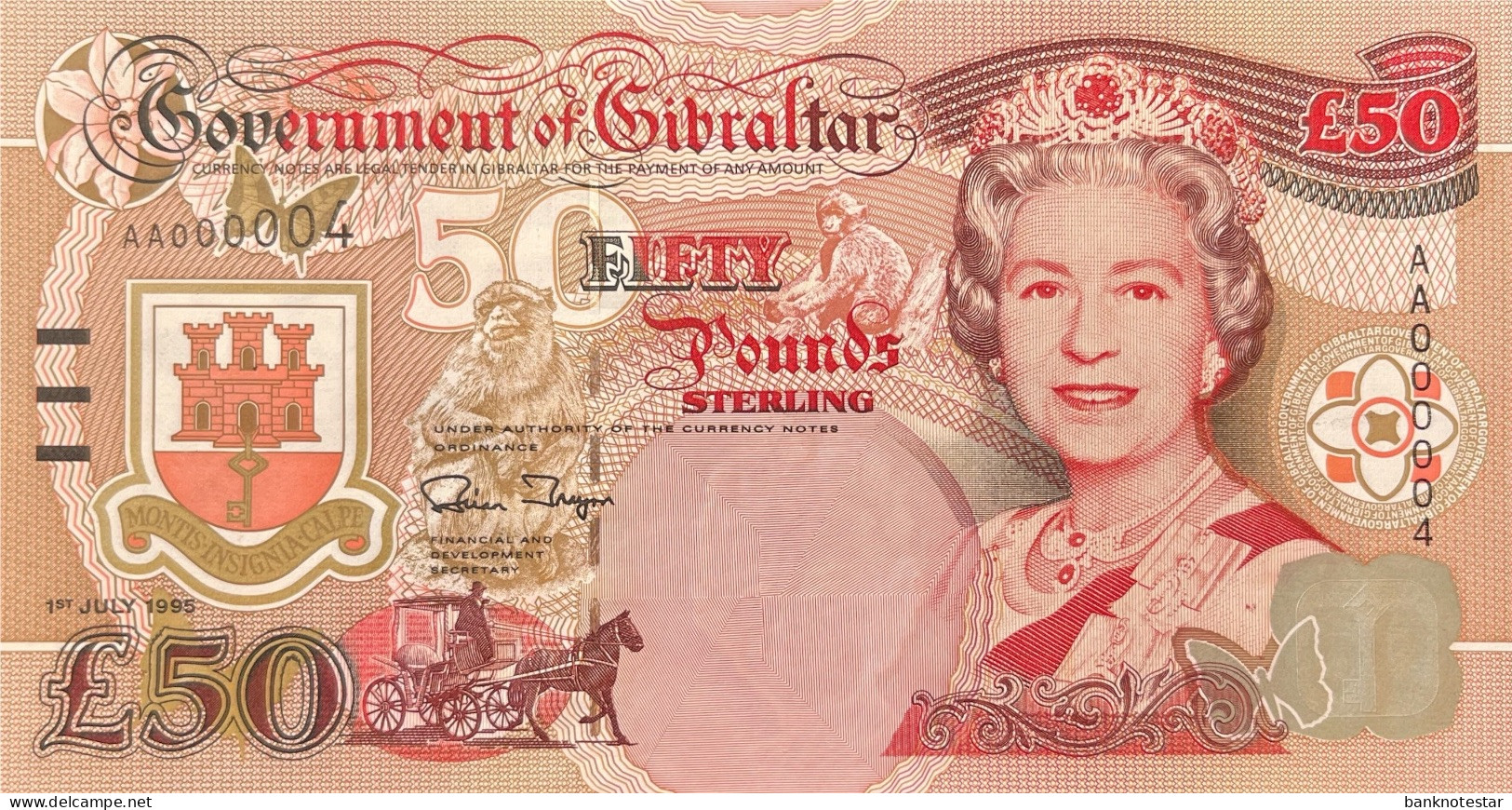 Gibraltar AA000004 Serial Number 50 Pounds, P-27 (1995) - UNC - Gibraltar