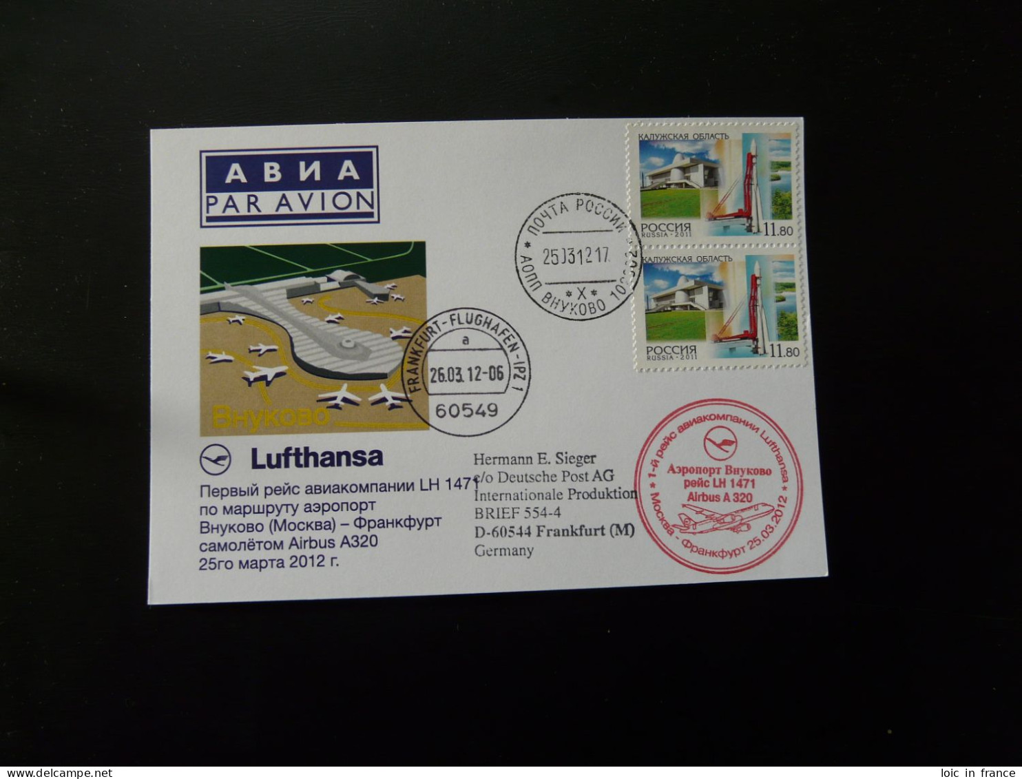 Premier Vol First Flight Vnukovo Russia To Frankfurt  Airbus A320 Lufthansa 2012 - Covers & Documents