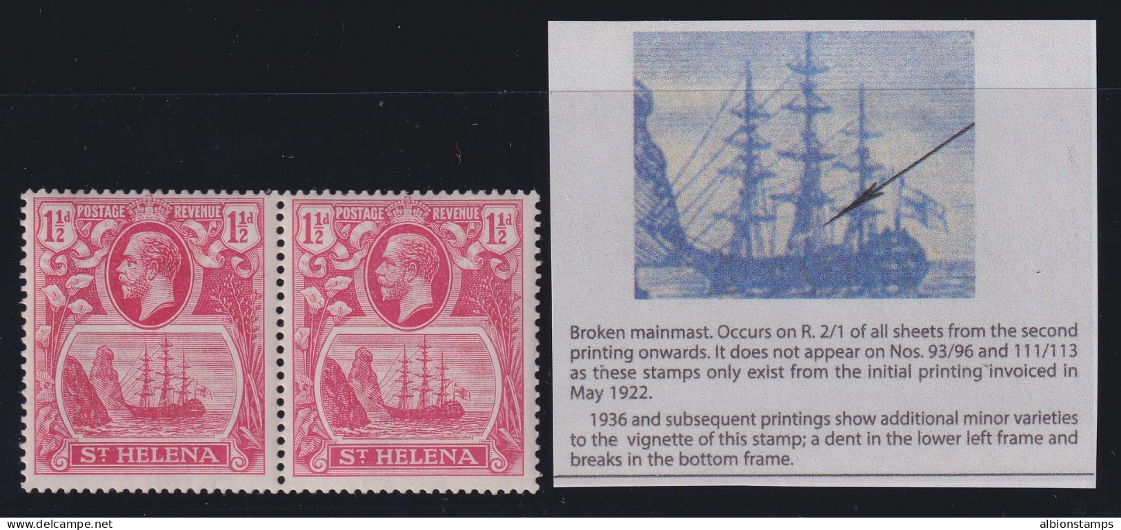 St. Helena, SG 99a, MLH Pair "Broken Mainmast" Variety - Saint Helena Island