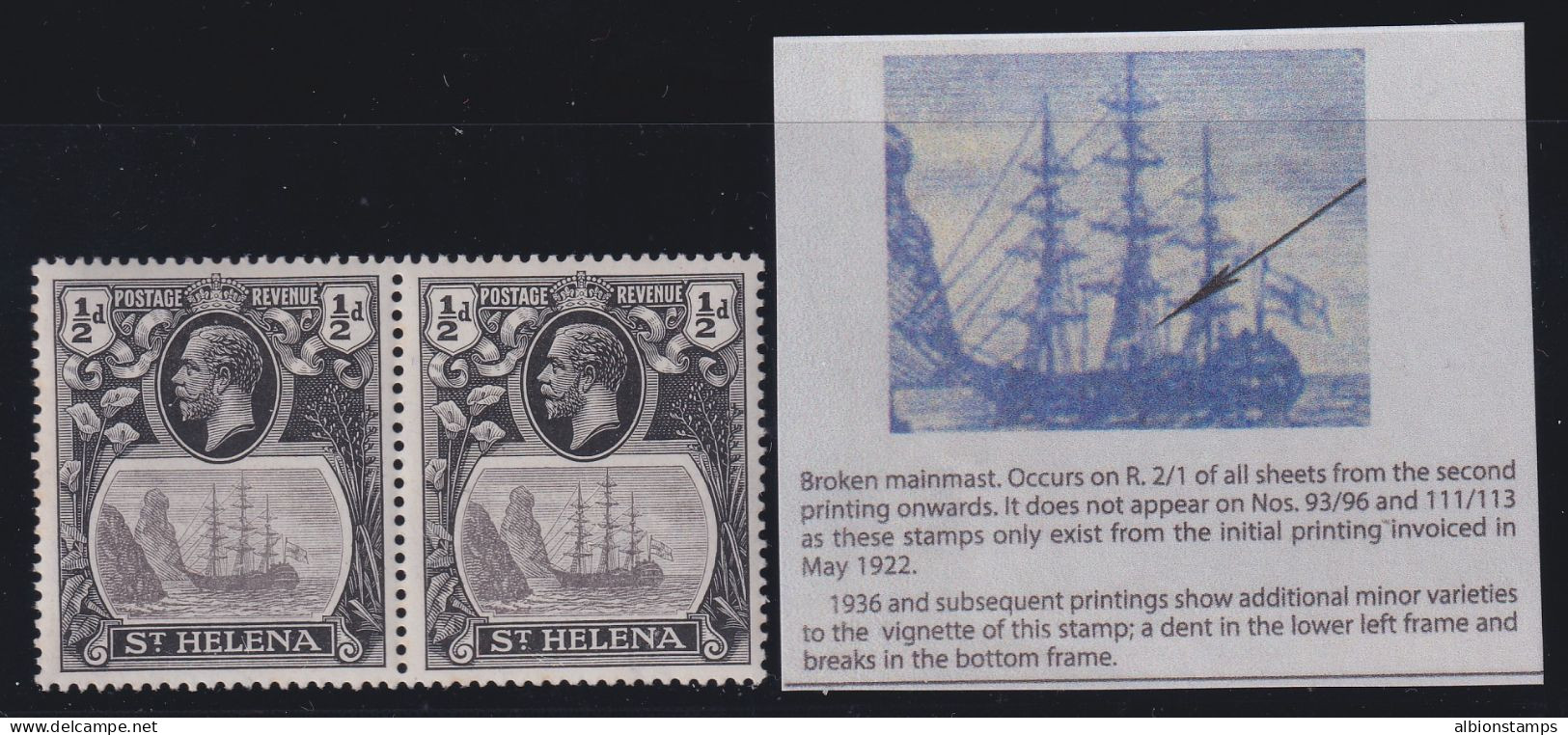 St. Helena, SG 97a, MLH Pair "Broken Mainmast" Variety - Saint Helena Island