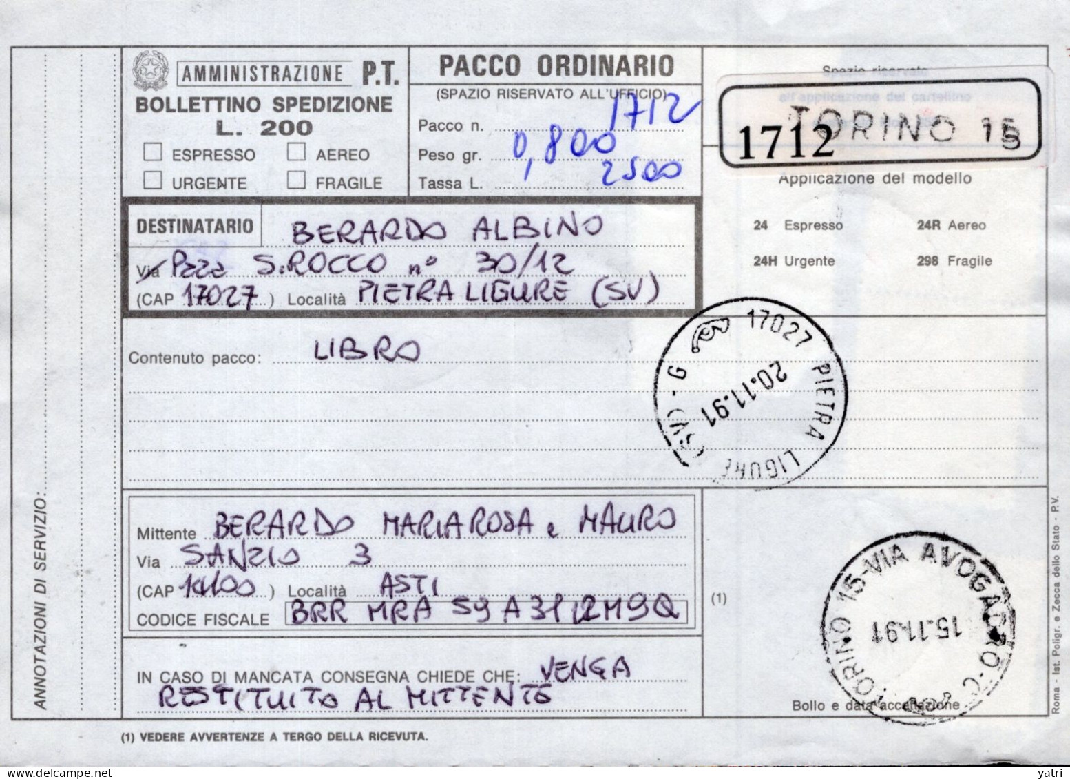 Italia (1991) - Bollettino Pacchi Da Asti Per Pietra Ligure (libro) - Postpaketten