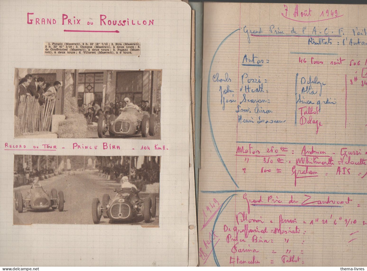 Cahier D'écolier Manuscrit Avec Coupures De Presse RESULTATS COURSES AUTOMONILES 1949 (M6377) - Car Racing - F1