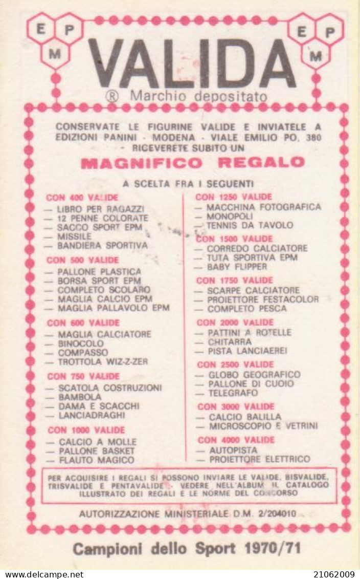 68 BASEBALL - GIOVANNI LERCKER - VALIDA - CAMPIONI DELLO SPORT PANINI 1970-71 - Non Classés