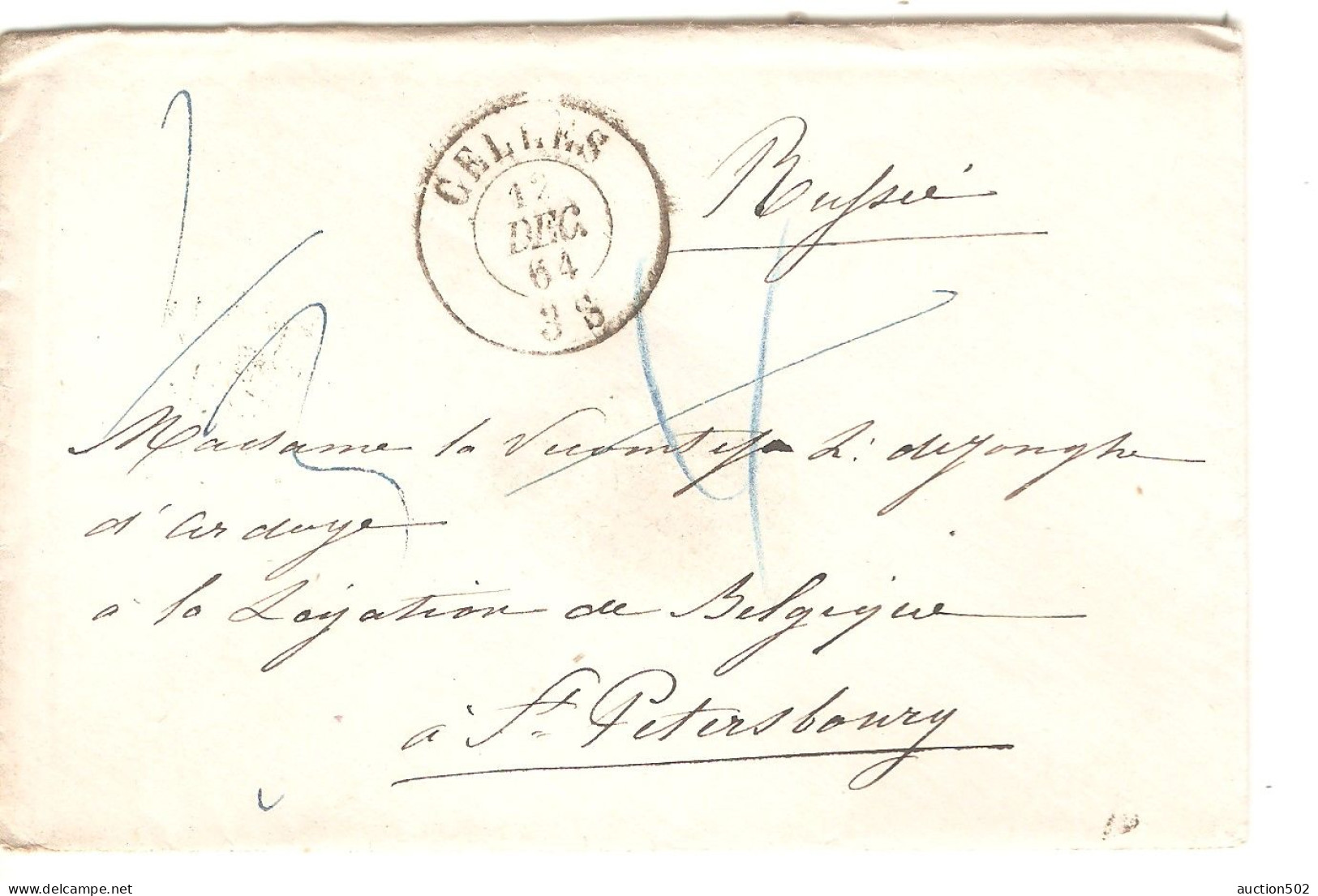 Lettre Sans Contenu Obl. Celles 12/12/1864 Taxe 2/3 &  4 Barré > Légation De Belgique St.Petersbourg Russie - 1849-1865 Médaillons (Autres)