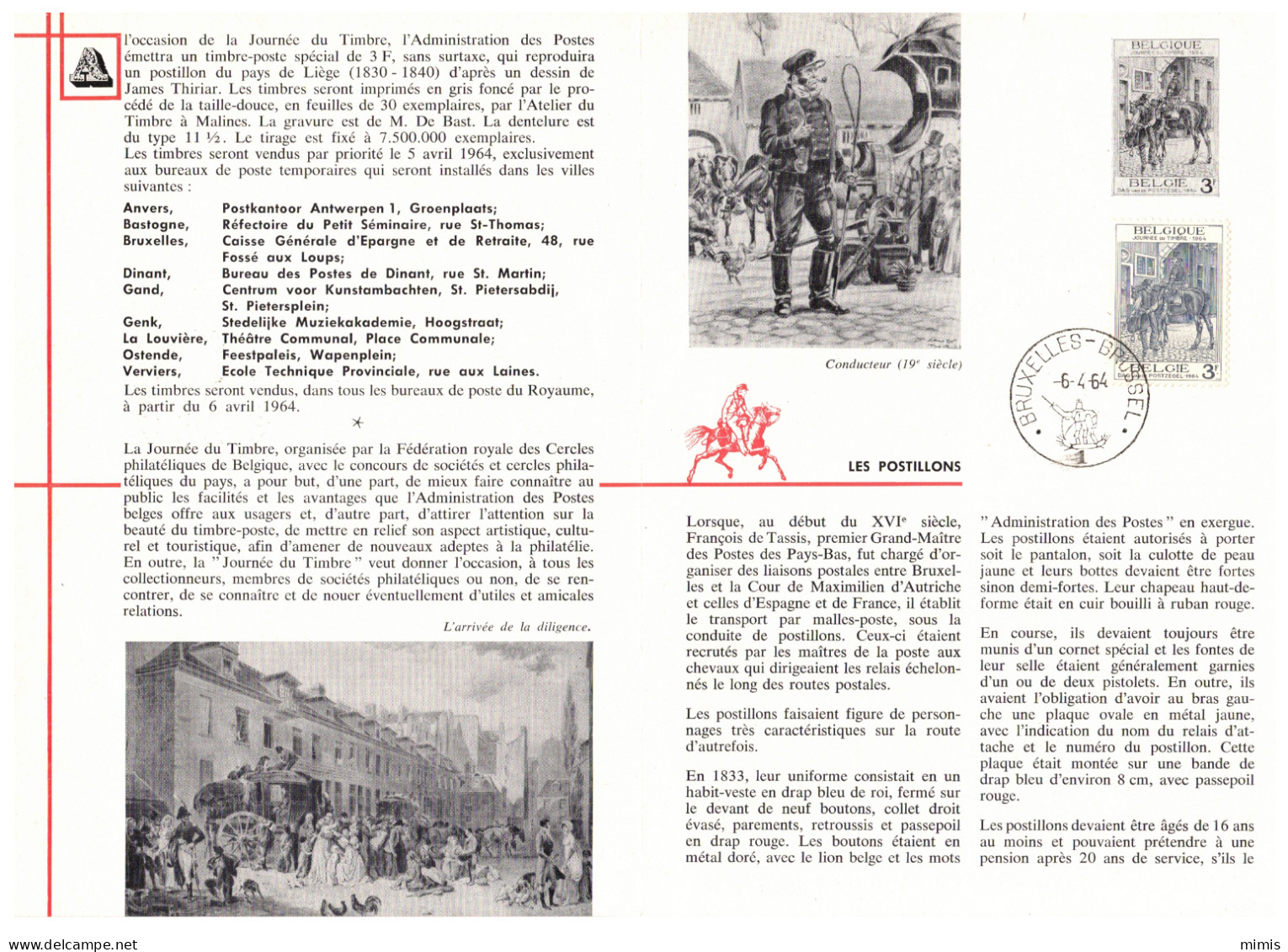 BELGIQUE       1964       N° 1284   Journée Du Timbre  Oblitération 1er Jour - Post Office Leaflets