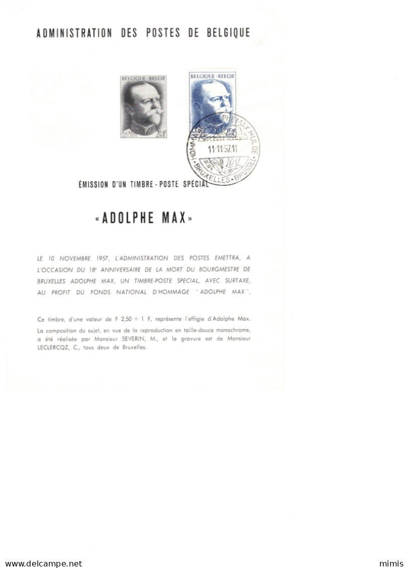 BELGIQUE       1957       N° 1037   Adolphe Max   Oblitération 1er Jour (prévente) - Post-Faltblätter