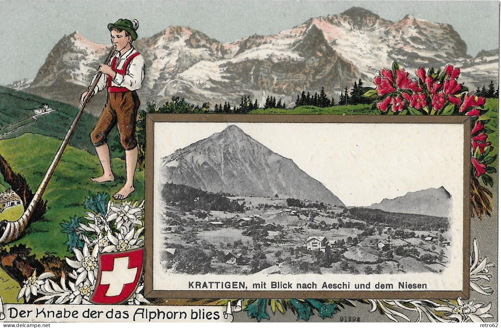 KRATTIGEN ► Schöne Präge-Lithokarte Mit Alphornbläser Und Dem Dorfbild Von Krattigen Anno 1916 - Krattigen