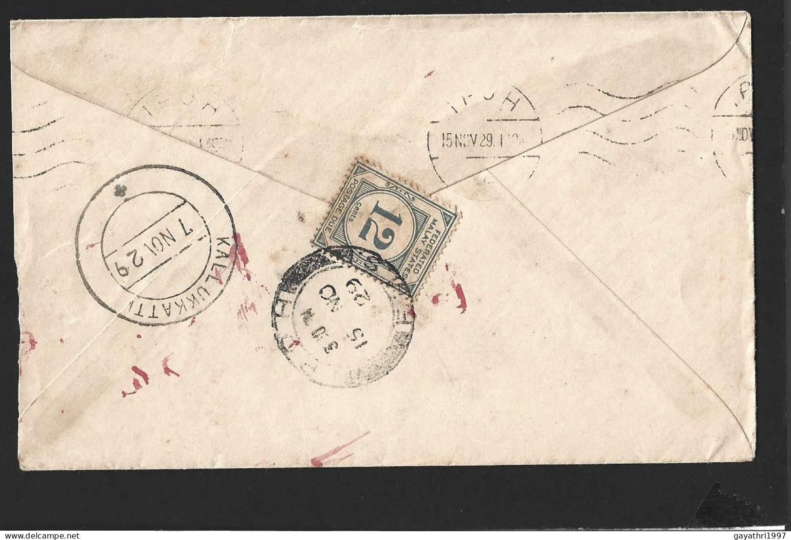 Malaya Federated Malay States Postage Due Stamp On Cover From India To Ipoh  With Delivery Cancellation (B36) - Federated Malay States