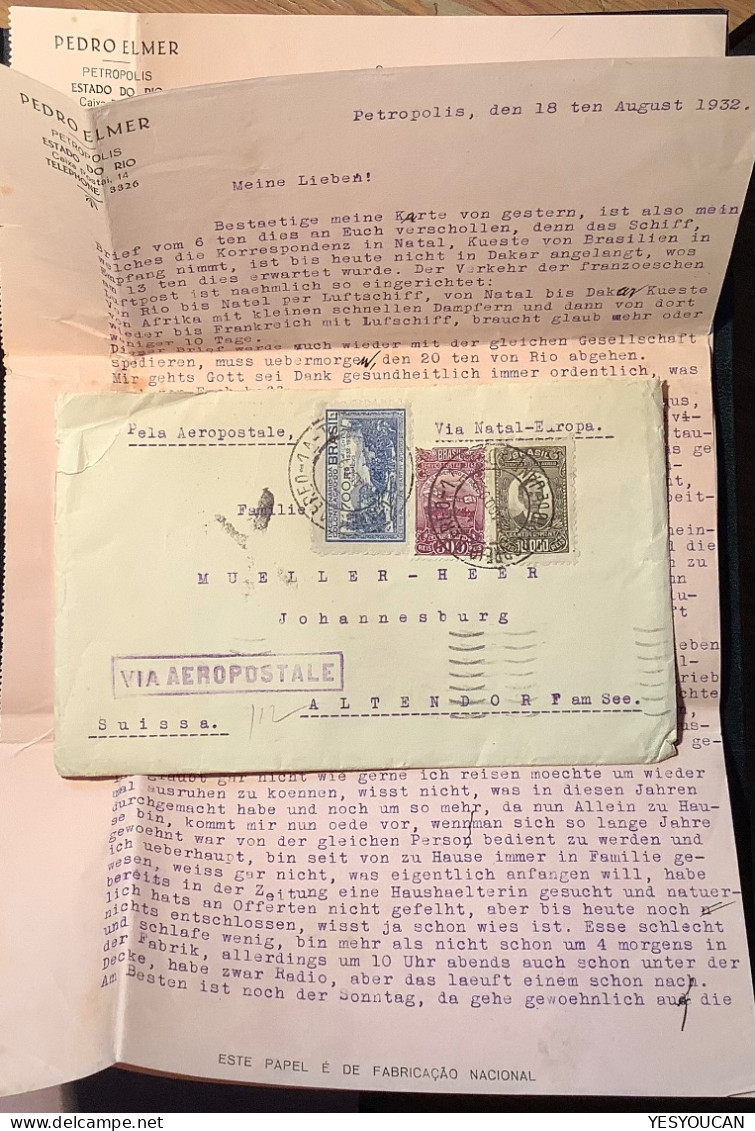 AÉROPOSTALE 1932 Air Mail Cover Petropolis>Altendorf (SZ Schweiz Luftpost Serviço Aereo Brazil Brief France P.A  Lettre - Luchtpost