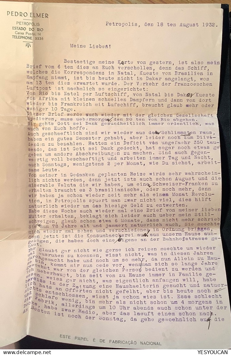 AÉROPOSTALE 1932 Air Mail Cover Petropolis>Altendorf (SZ Schweiz Luftpost Serviço Aereo Brazil Brief France P.A  Lettre - Airmail