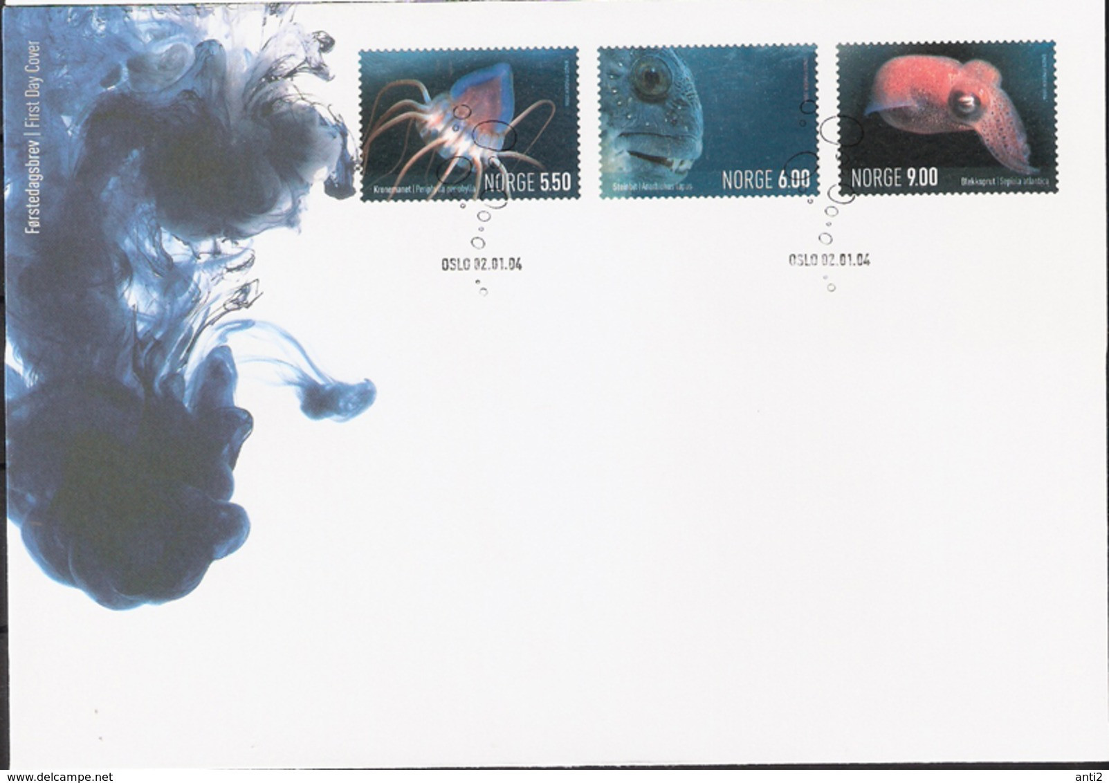 Norge Norway  2004 Sea Animals, Helmet Jellyfish, Atlantic Wolffish, Sepiola Atlantica Mi  1490-1492, FDC - Cartas & Documentos